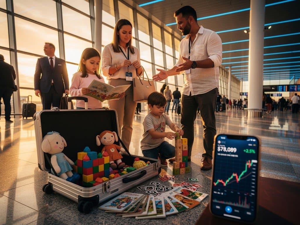 Brinquedos screen-free em mala de viagem familiar com gráficos de cripto no smartphone em aeroporto brasileiro