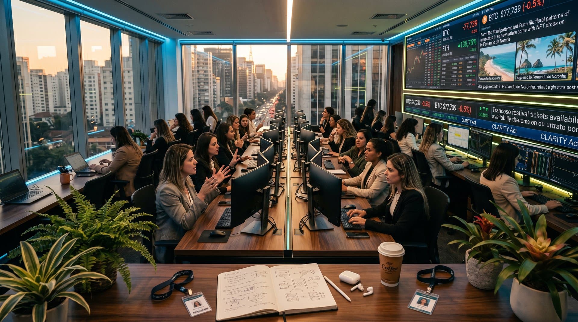 Sala de trading high-tech com gráficos de crypto, NFTs de viagens e moda, e discussão sobre CLARITY Act