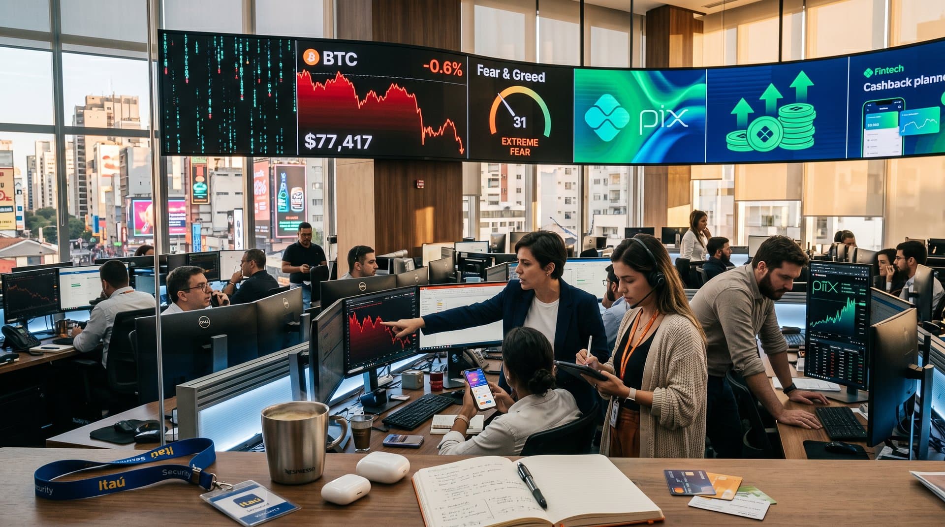 Gráficos cripto em queda com Fear & Greed 31 e ícones de apps financeiros em estilo dinâmico