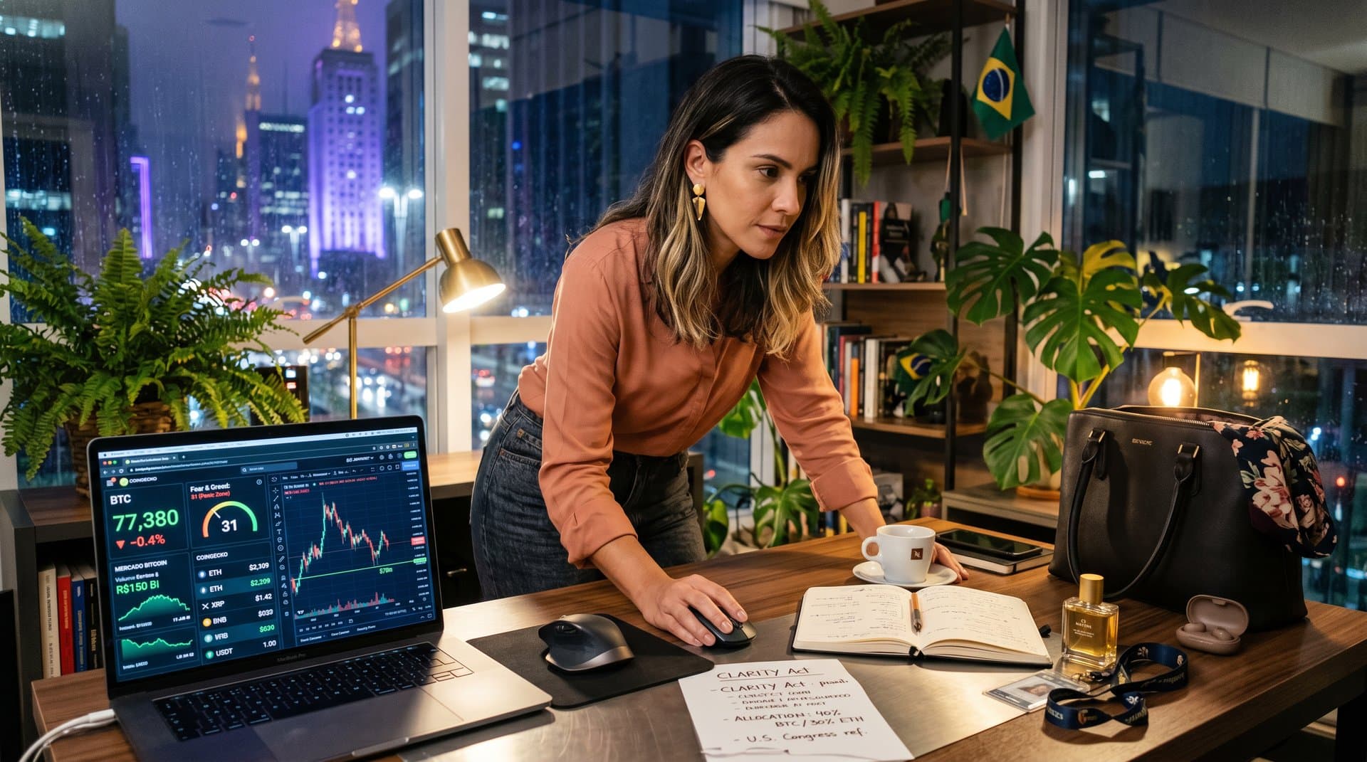 Home office em São Paulo à noite com mulher analisando gráficos crypto: BTC US$ 77.380, Fear & Greed 31, itens de moda Renner e Natura, neon da Paulista ao fundo