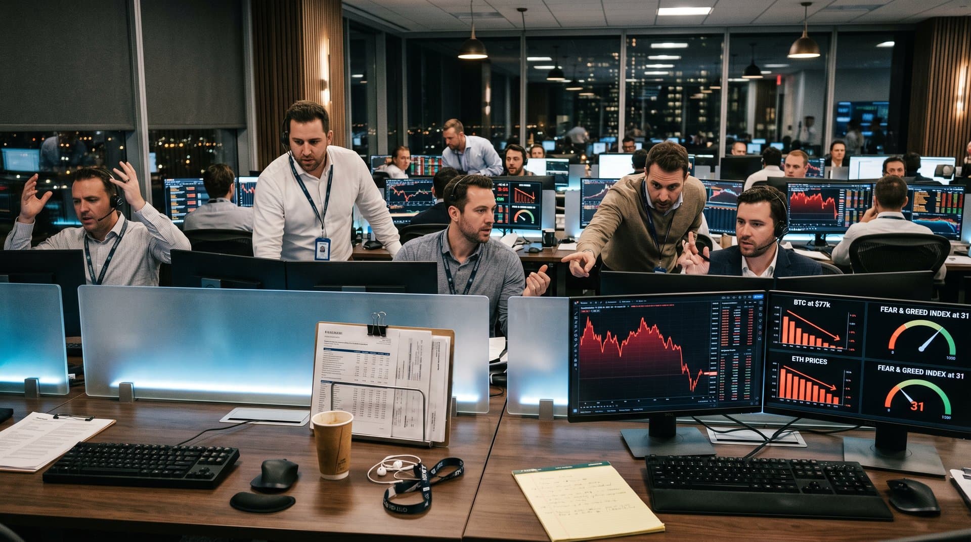 Trading floor high-tech com gráficos crypto BTC ETH em monitores, ambiente profissional iluminado com foco em dados de mercado