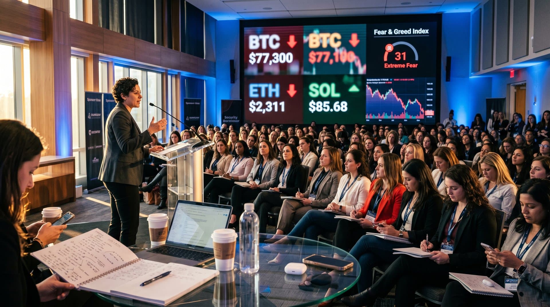 Auditório em Fairfax com público feminino em seminário Scam Jam sobre fraudes românticas com cripto, gráficos de BTC US$ 77.300 e elementos de segurança digital