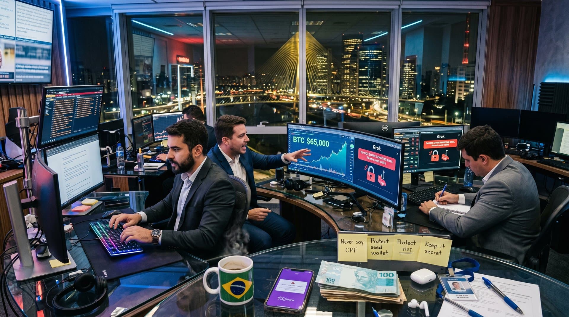 Mesa de trading high-tech com alertas de privacidade em chatbot AI e gráficos crypto, skyline São Paulo