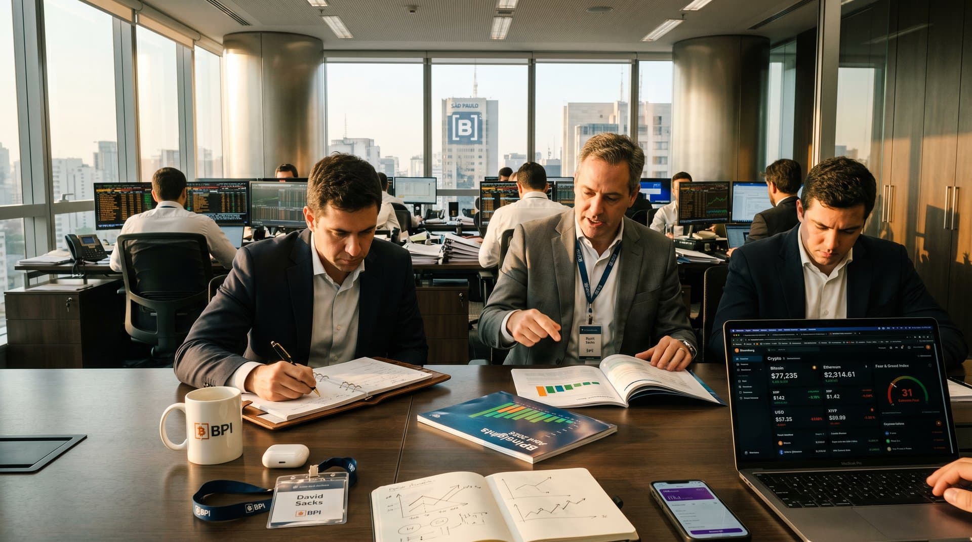 Relatório BPInsights em mesa de conferência com telas de Fear & Greed 31 e criptoativos