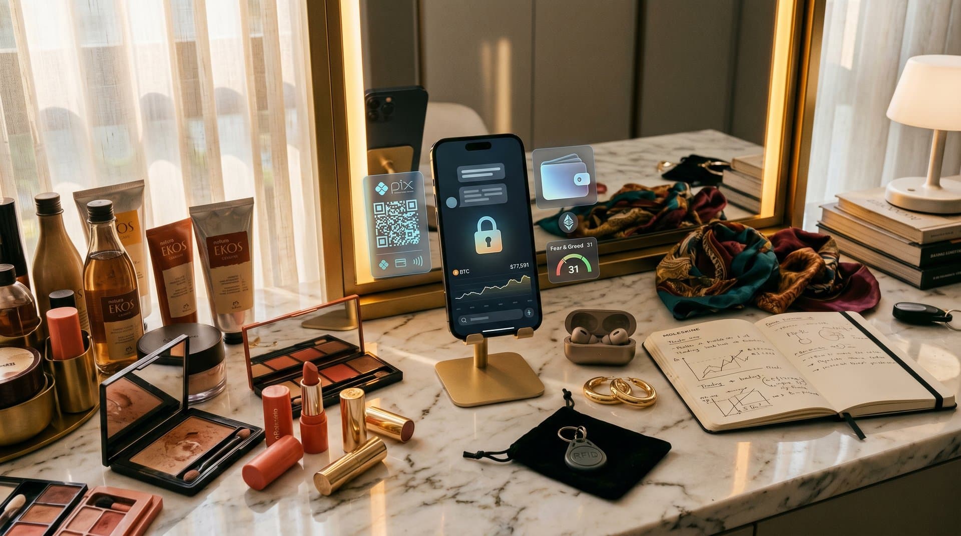 Penteadeira com produtos beleza Natura e O Boticário, tela AI com cadeado segurança e gráficos crypto BTC Fear & Greed 31