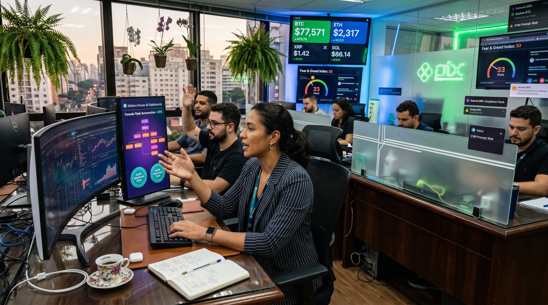 Dashboards de IA da Wolters Kluwer com dados financeiros cripto e workflows otimizados em ambiente high-tech