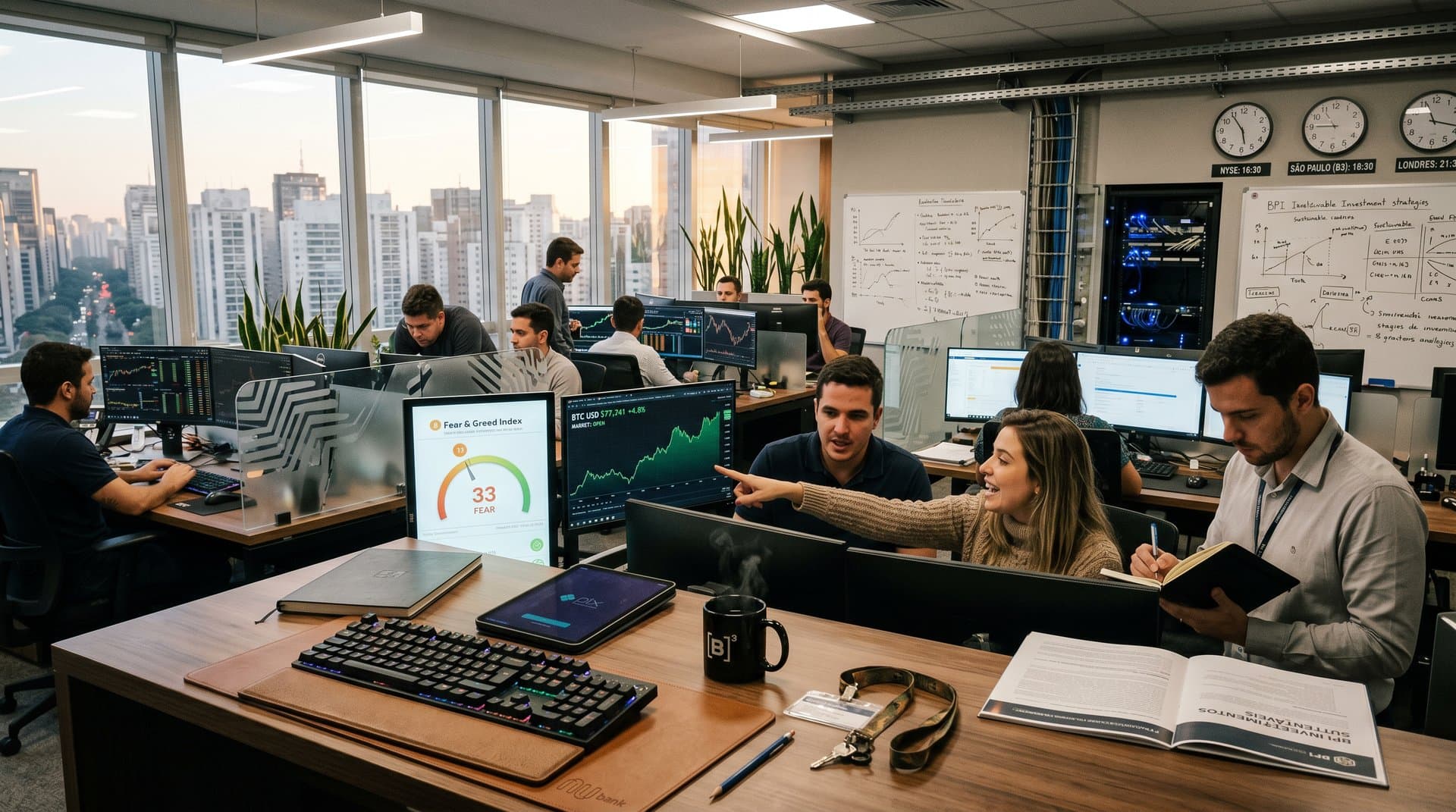 Profissionais fintech em São Paulo analisam gráficos BTC e Fear & Greed em escritório moderno com vista Paulista