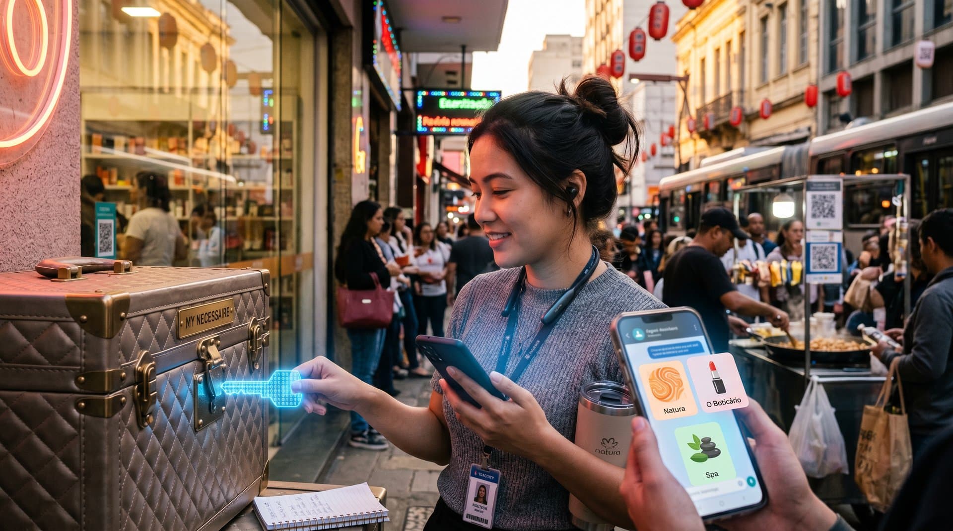 Smartphone com AI stylist de beleza ao lado de cofre trancado e elementos brasileiros de moda segura
