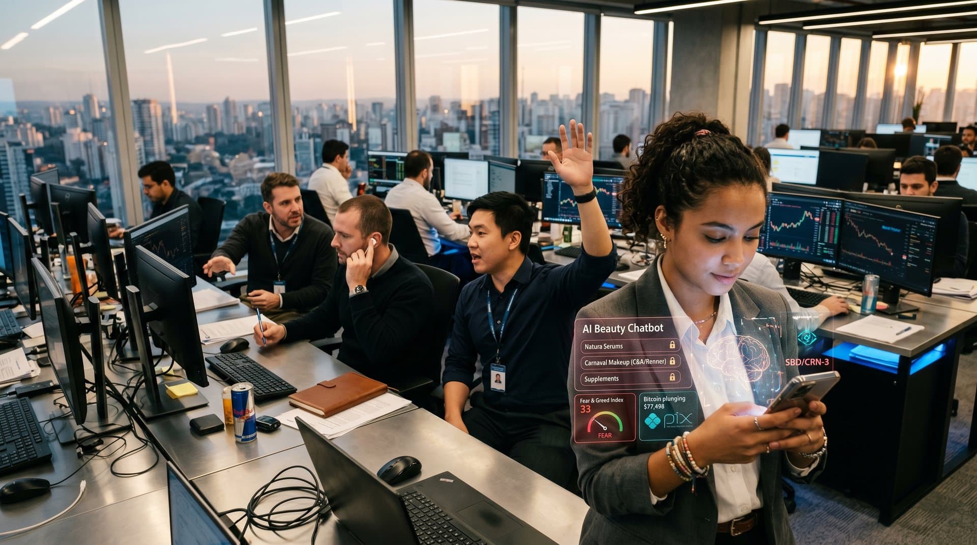 Interface AI estilista smartphone: produtos Natura, privacidade, Fear & Greed 33, high-tech brasileiro