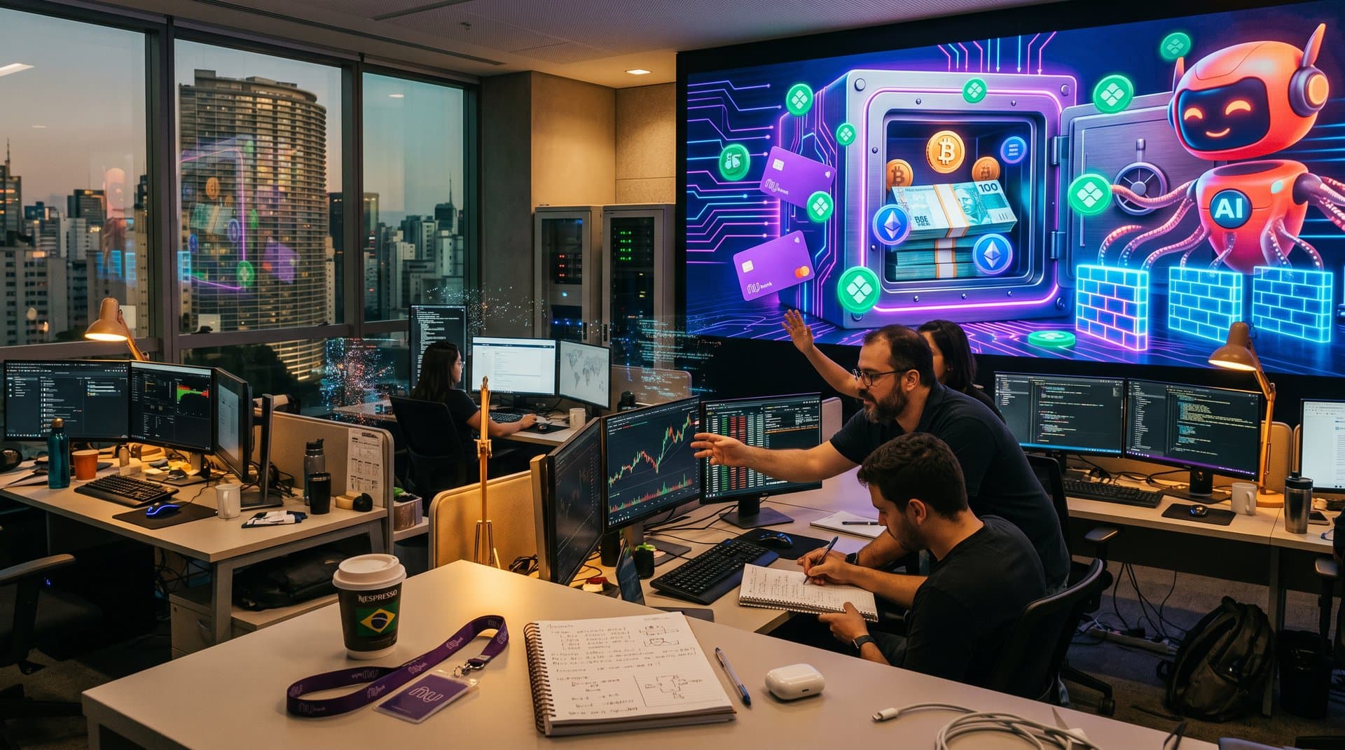 Cofre digital protegendo finanças brasileiras de invasão por chatbot IA, com elementos de cripto e Nubank em estilo cyberpunk