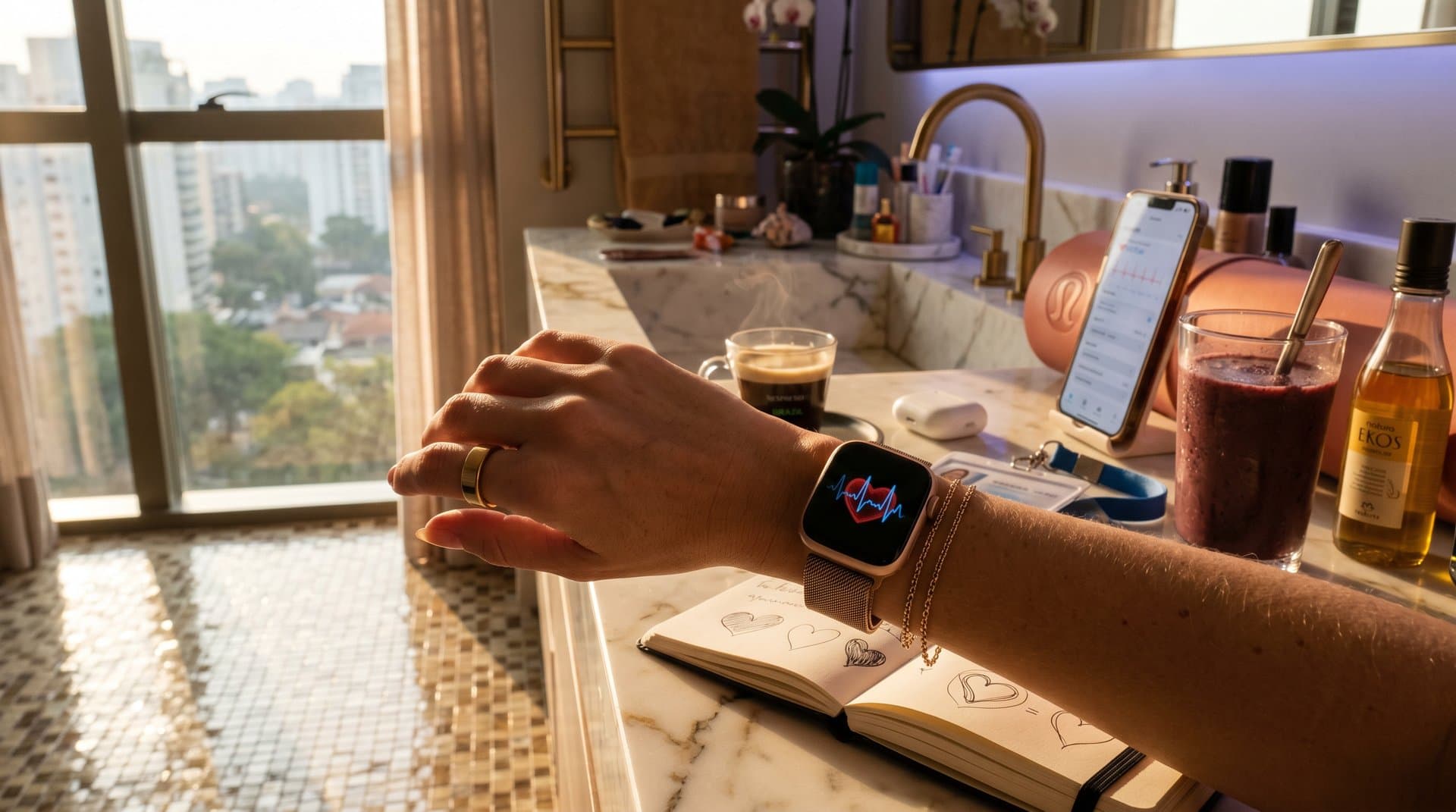 Smart ring e relógio IA no pulso com gráficos cardíacos e itens wellness em apartamento brasileiro