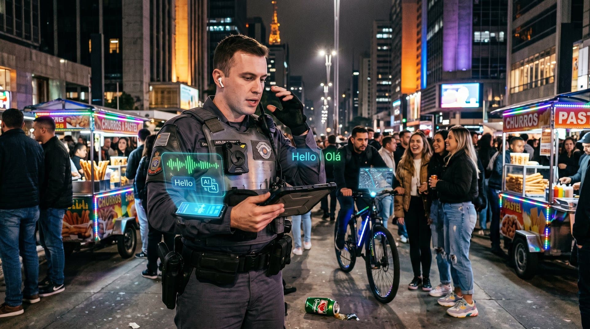 Policial com body cam Axon traduzindo áudio em tela holográfica em rua urbana brasileira à noite