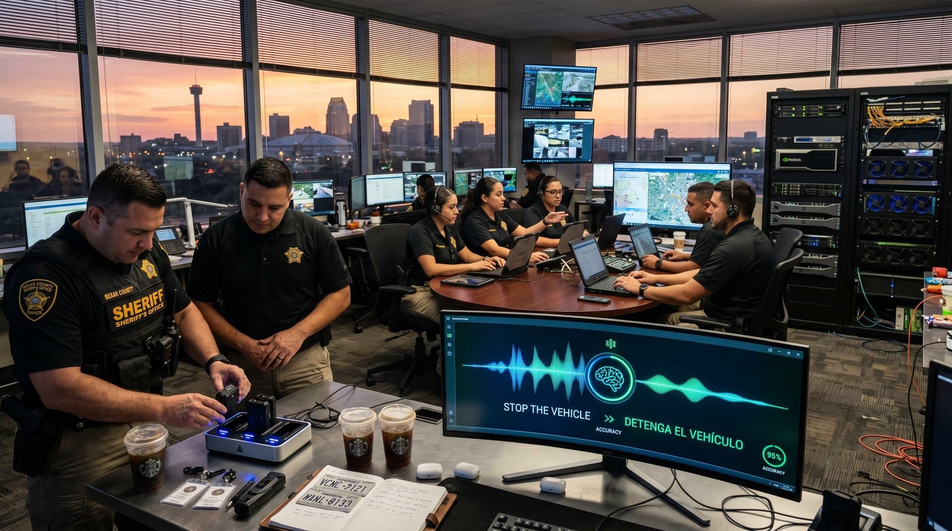 Centro tech policial Bexar: body cams com tradução IA ativa em telas, deputados e analistas em ação