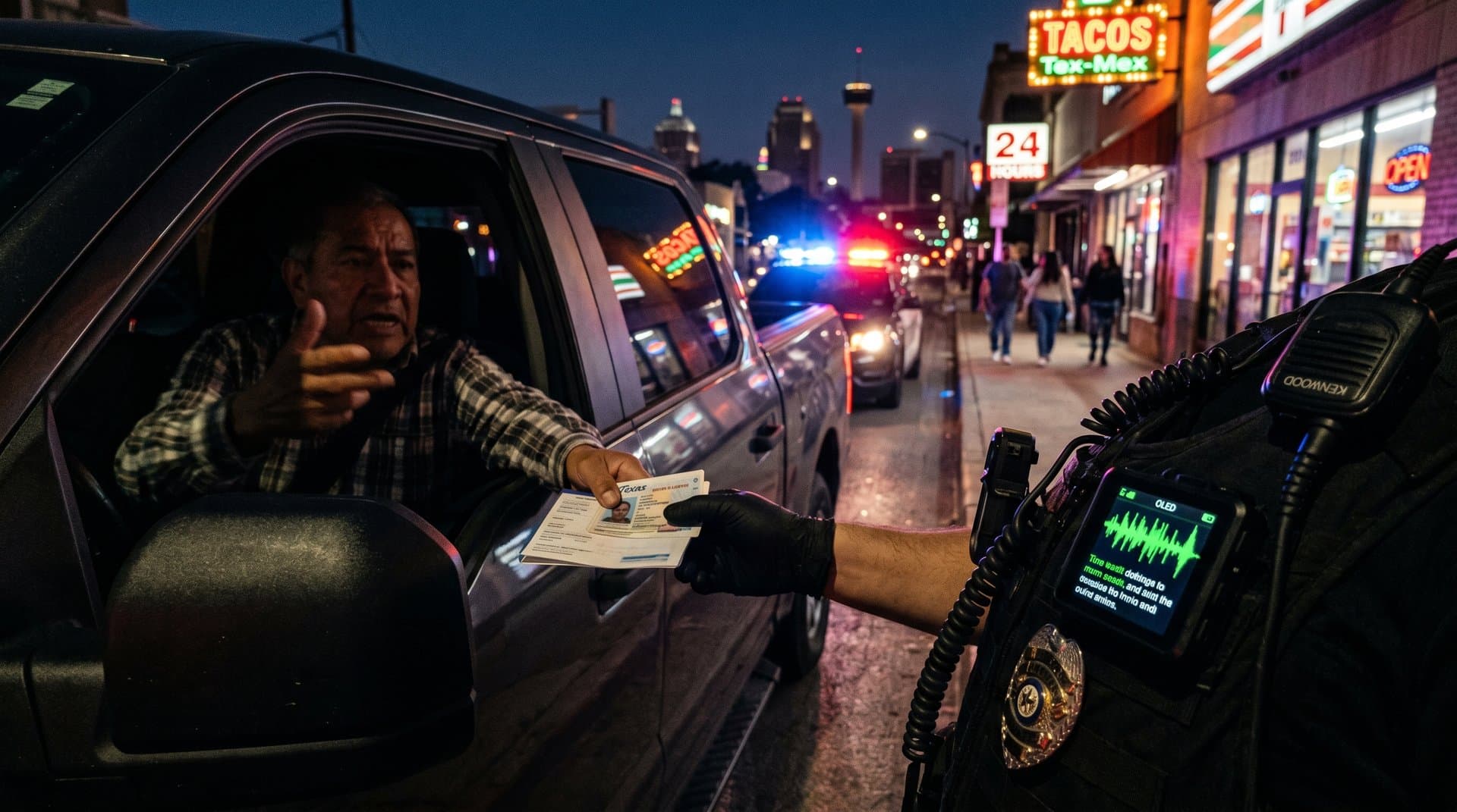 Body cam com IA tradução em ação: tela mostra legendas em tempo real de interação policial