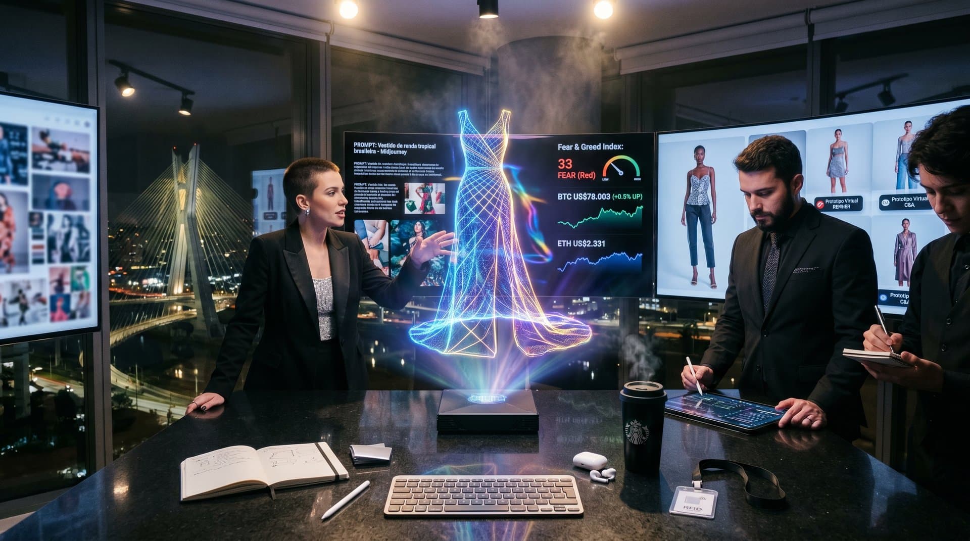 Gown virtual IA de Cannes em display holográfico com charts cripto e Fear & Greed