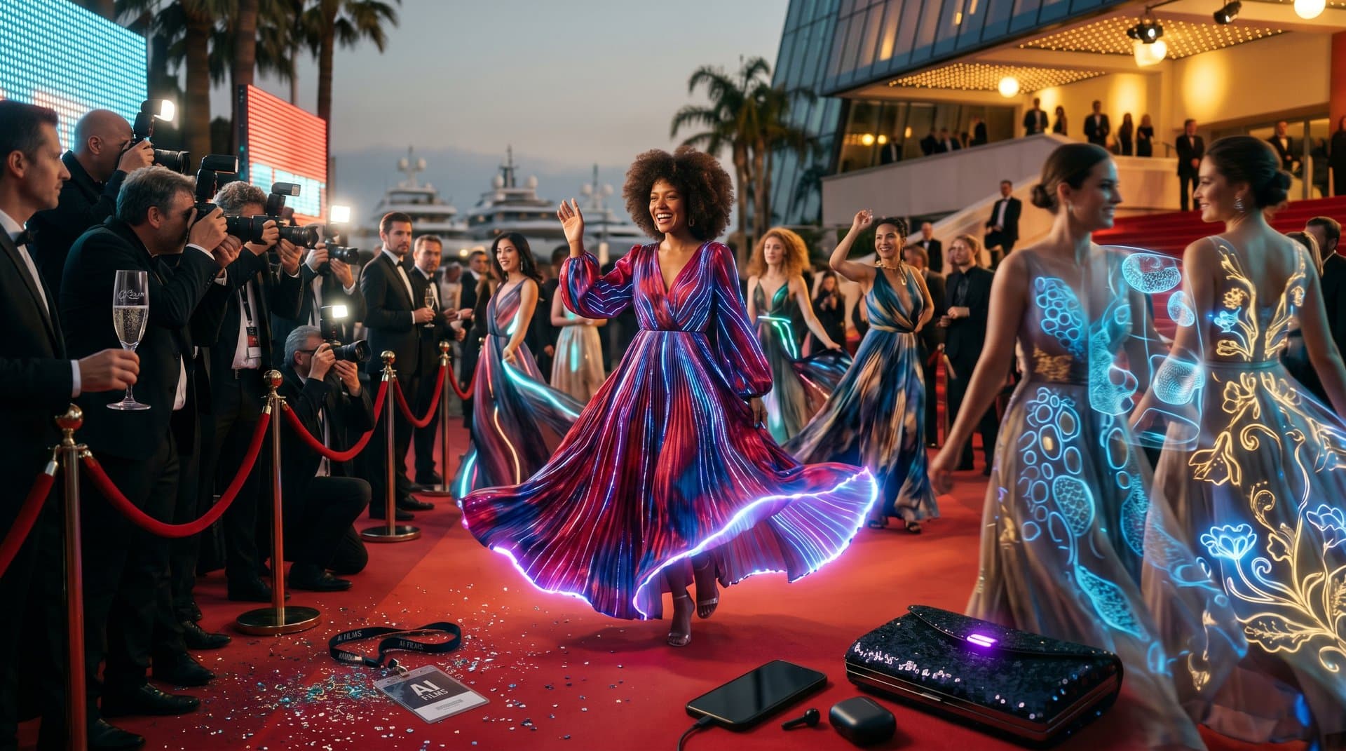 Tapete vermelho do Festival AI Cannes com vestidos IA fluidos e luzes LED vibrantes