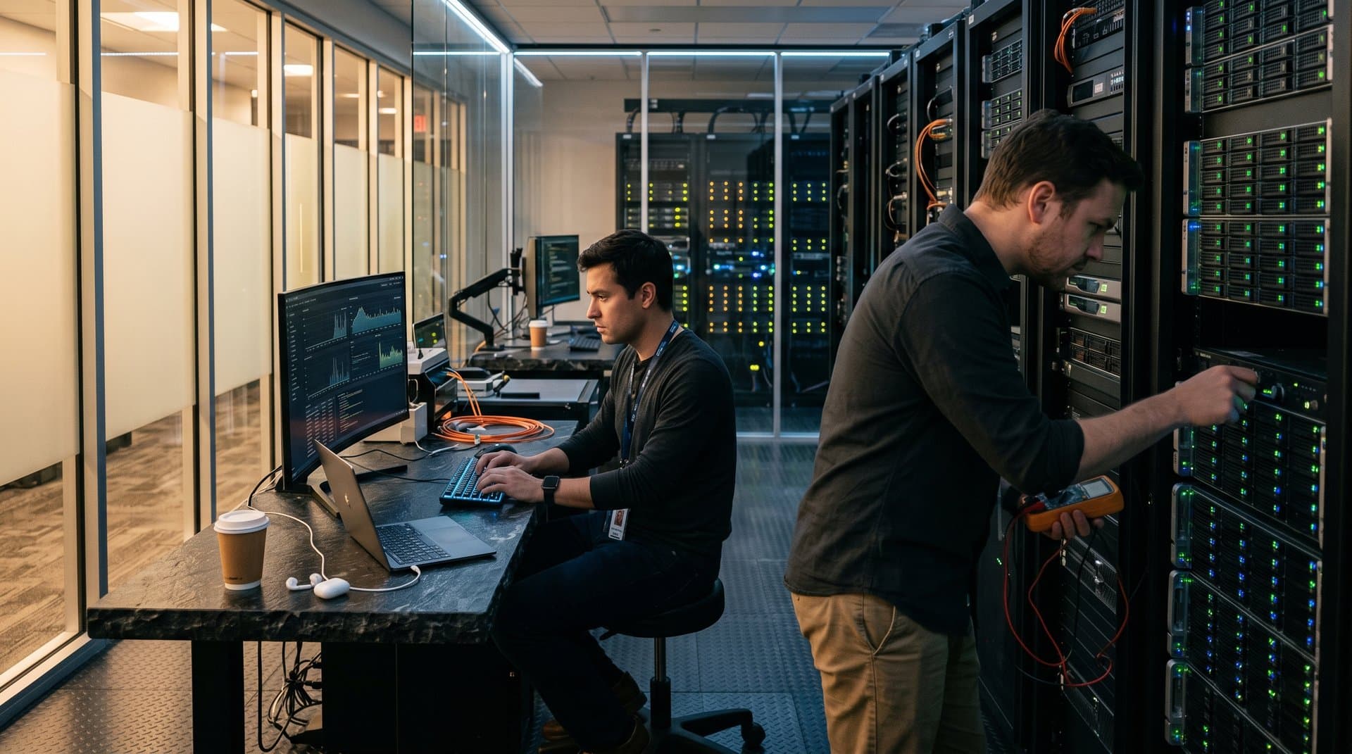 Racks de servidores GPUs em data center IA com ar frio, gráficos de energia e painéis high-tech