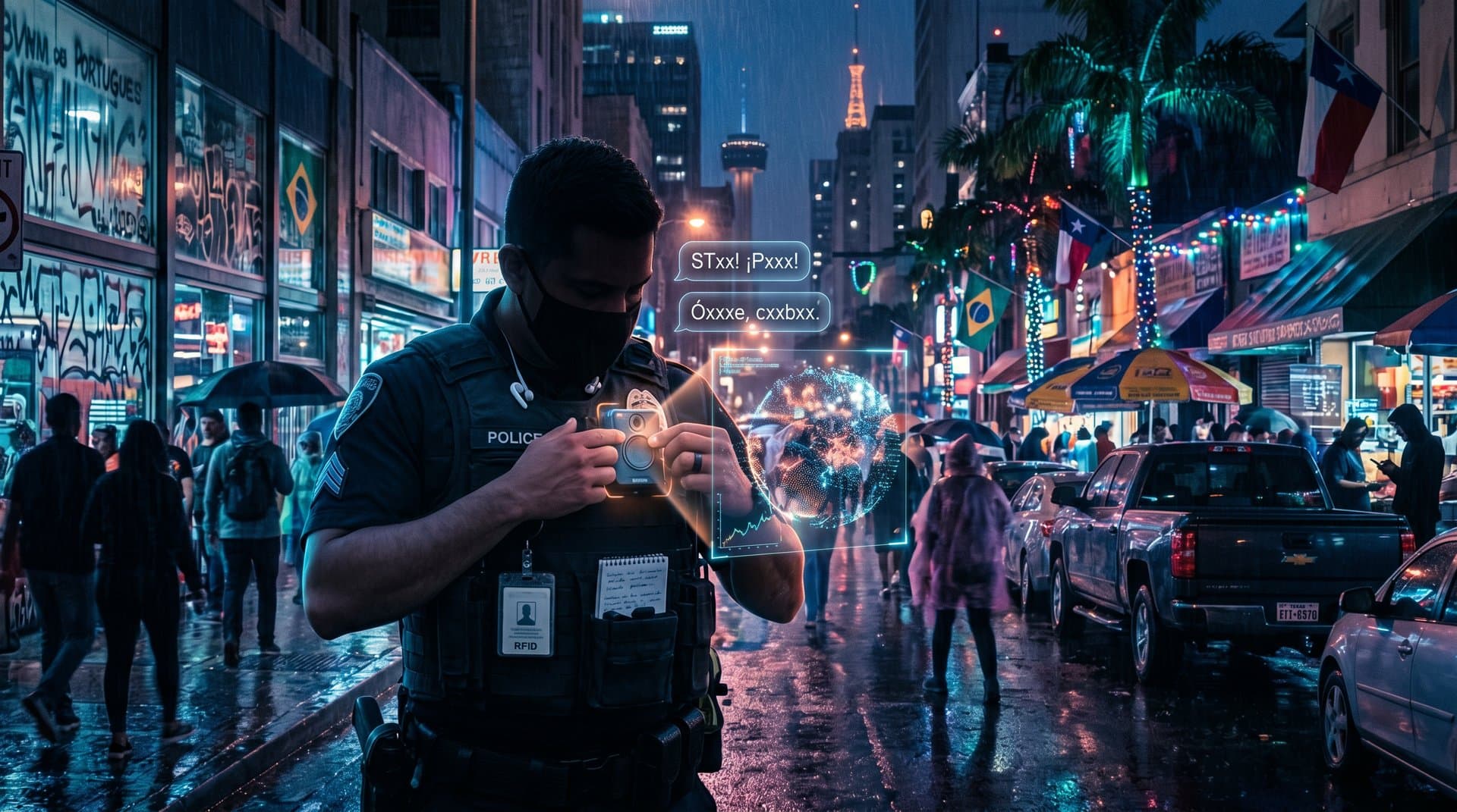 Body cam com overlay de tradução IA em ação policial multicultural