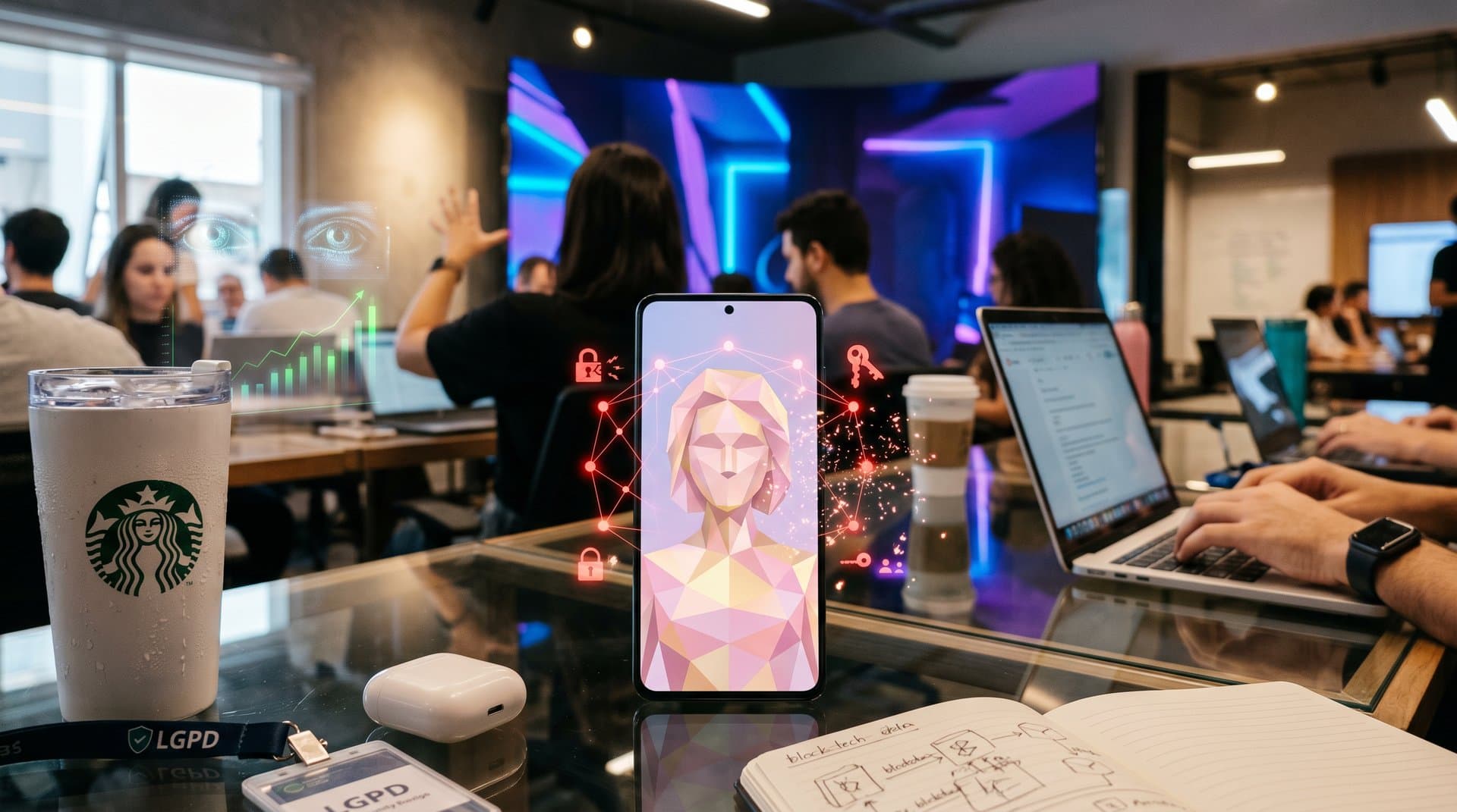 App de beleza com IA glow-up e alertas privacidade em estilo cyberpunk