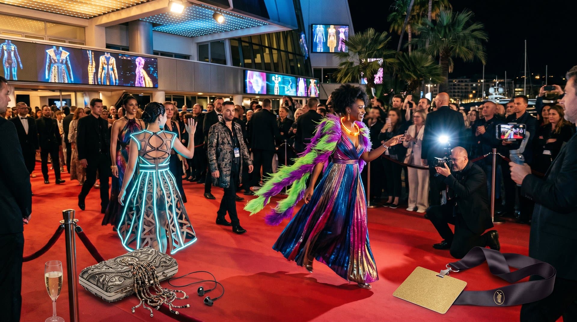 Red carpet em Cannes com vestidos IA multicoloridos inspirados em carnaval brasileiro e NFTs de moda