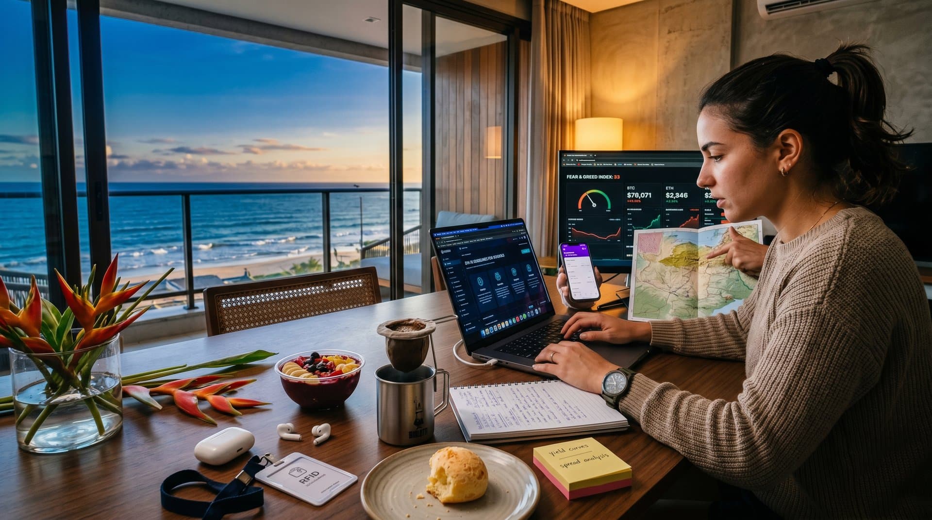 Mesa brasileira com laptop de IA educacional DPI, gráfico Fear & Greed 33 crypto e mapa Chapada Diamantina, equilíbrio tech-financeiro familiar