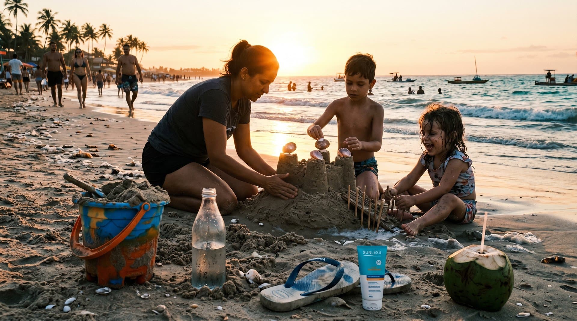 Família anônima em praia nordestina constrói castelo de areia ao pôr do sol, simbolizando criatividade e bem-estar contra IA
