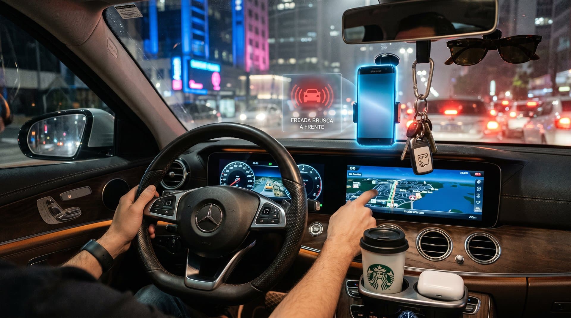 Painel de carro em SP com app Nexar Jen Vescio dashcam AI detectando riscos em tempo real