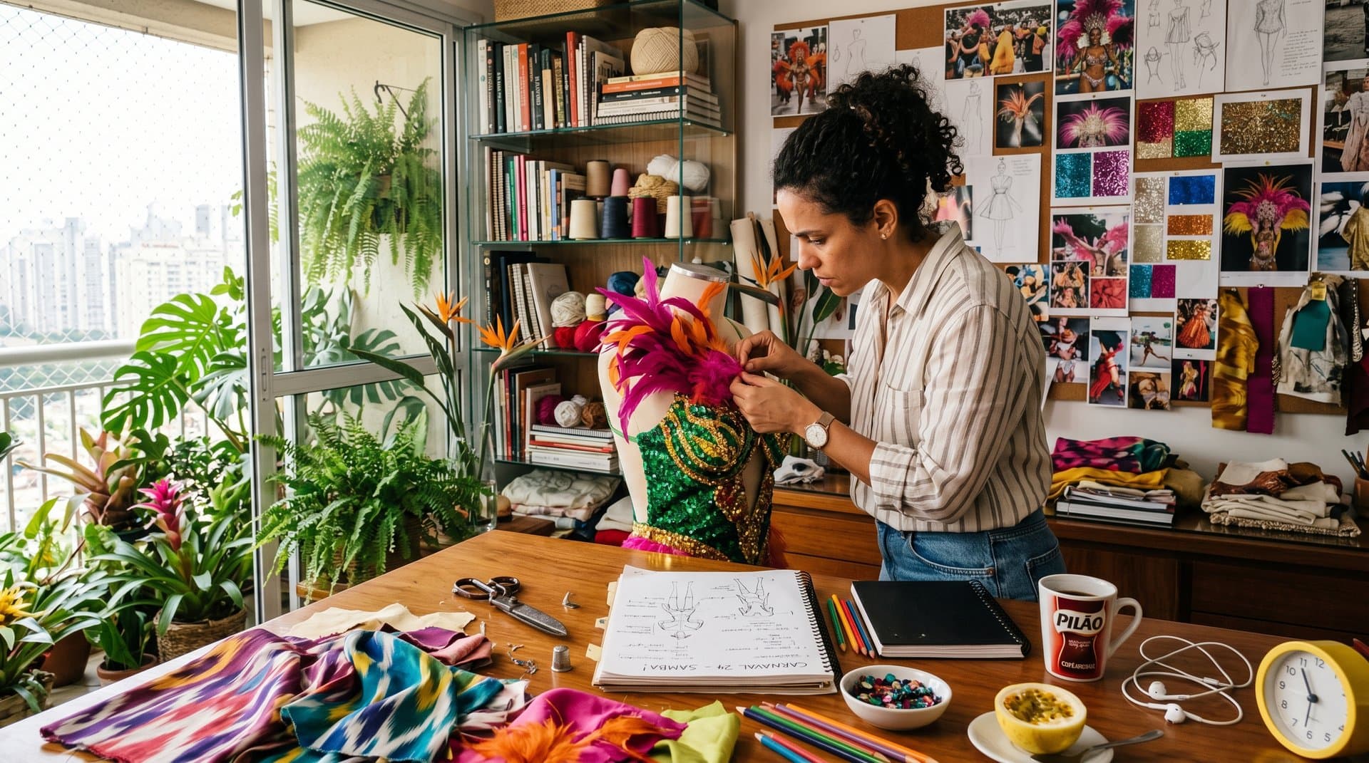 Mãe e filha desenham moda à mão em ateliê caseiro sem IA