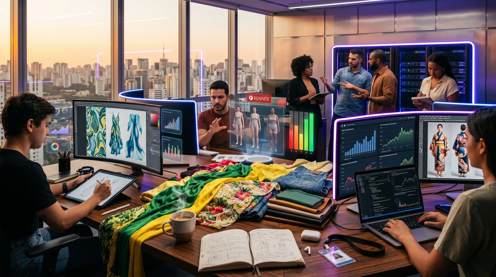 Laboratório high-tech de IA para moda com hologramas, tecidos brasileiros e telas colaborativas em São Paulo.