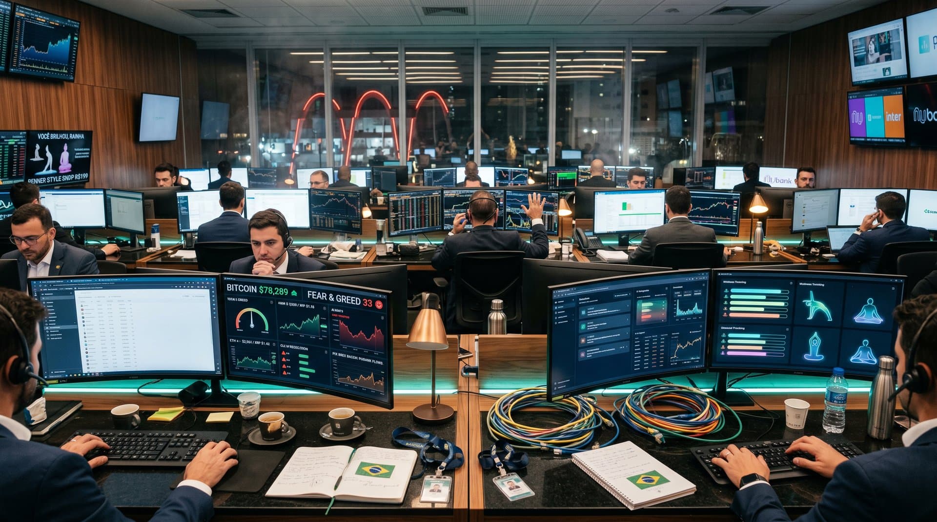 Trading floor com gráficos BTC, IA wellness e Fear & Greed em terminais Bloomberg