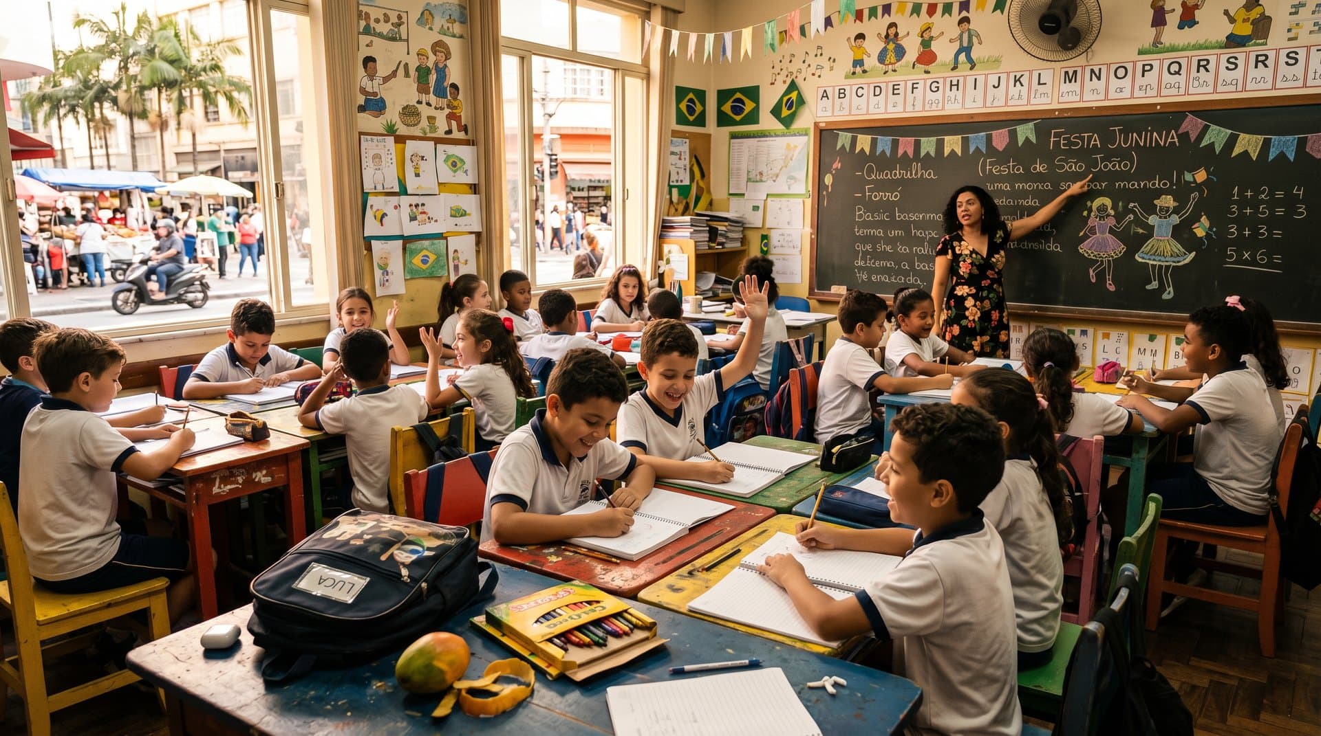 Crianças em sala de aula brasileira escrevendo manualmente sem IA, promovendo criatividade