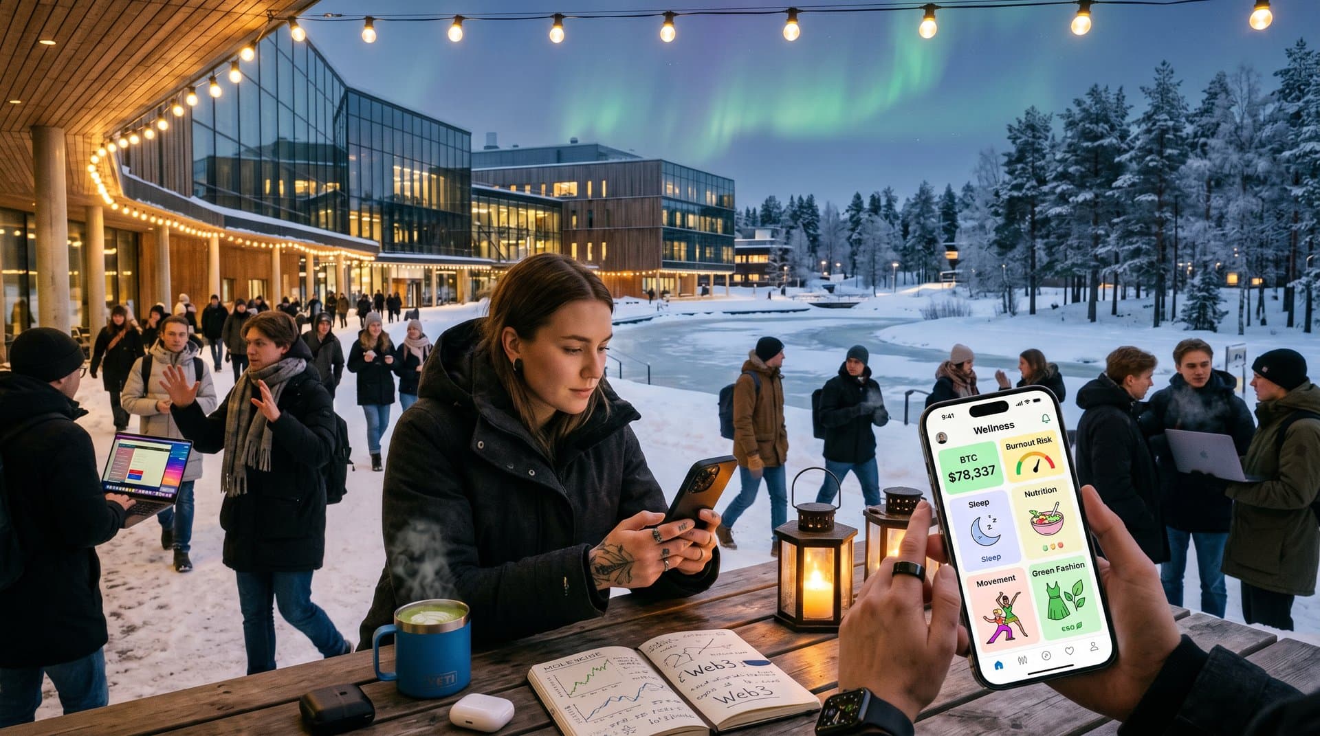 App de IA em Umeå personaliza wellness e moda em cenário sueco invernal moderno