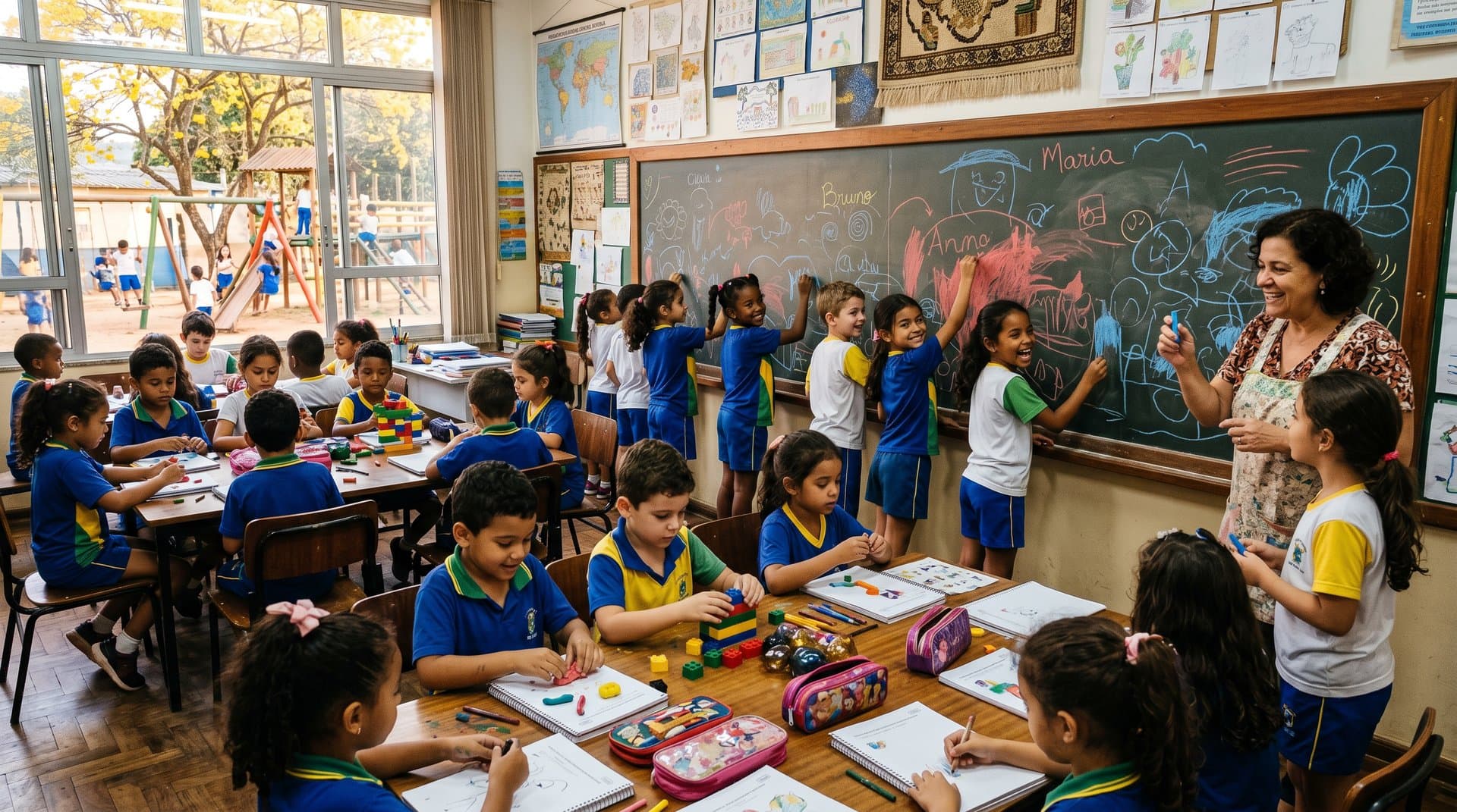 Crianças criativas em sala de aula sem IA, desenhando com giz e brincando livremente