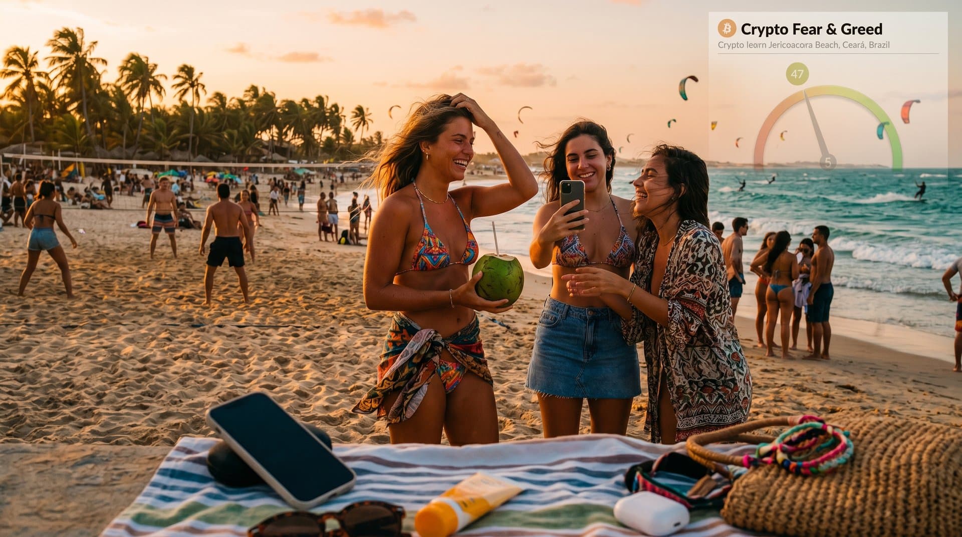 Mulheres Gen Z em praia brasileira autêntica, rejeitando filtros AI, com gráfico Fear & Greed neutro
