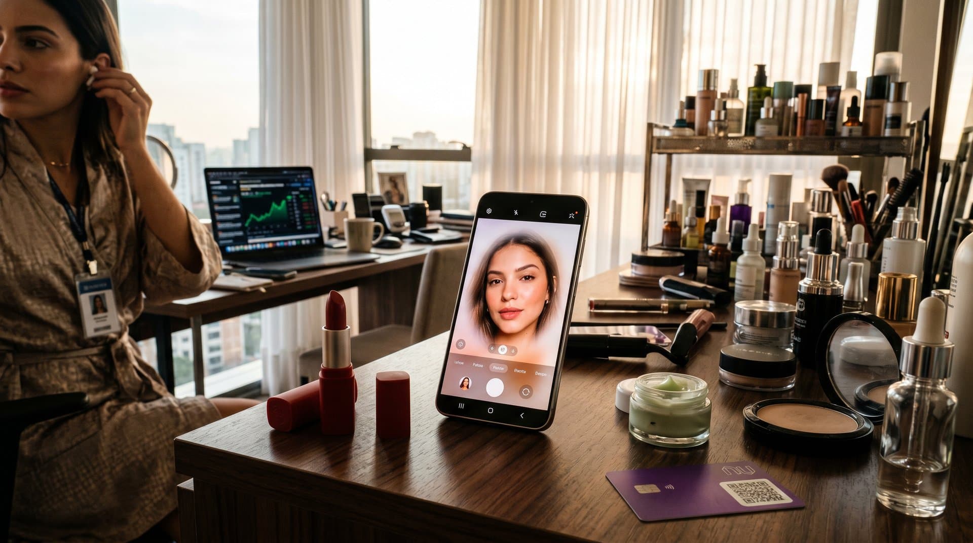 Smartphone com app de beleza exibindo filtro IA e elementos fintech em fundo brasileiro