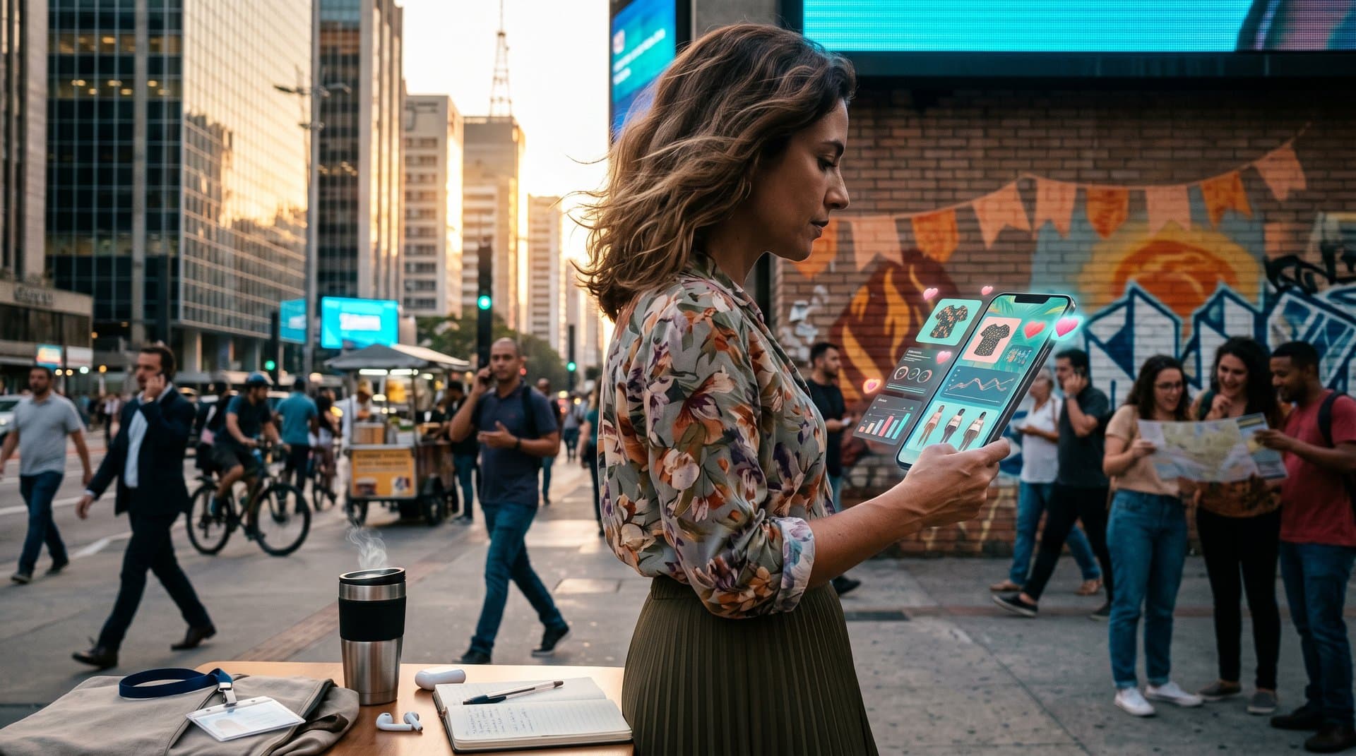 App IA sugere looks de moda feminina no celular em São Paulo futurista