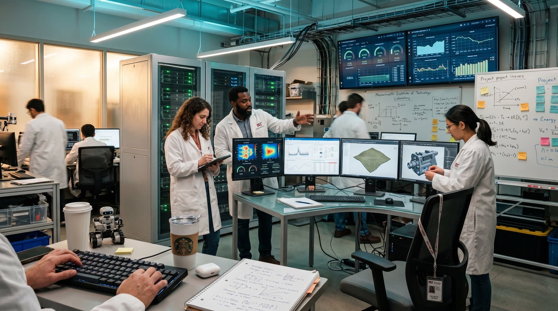 Laboratório MIT com gráficos energia IA e simulações moda sustentável em monitores, luzes LED e servidores