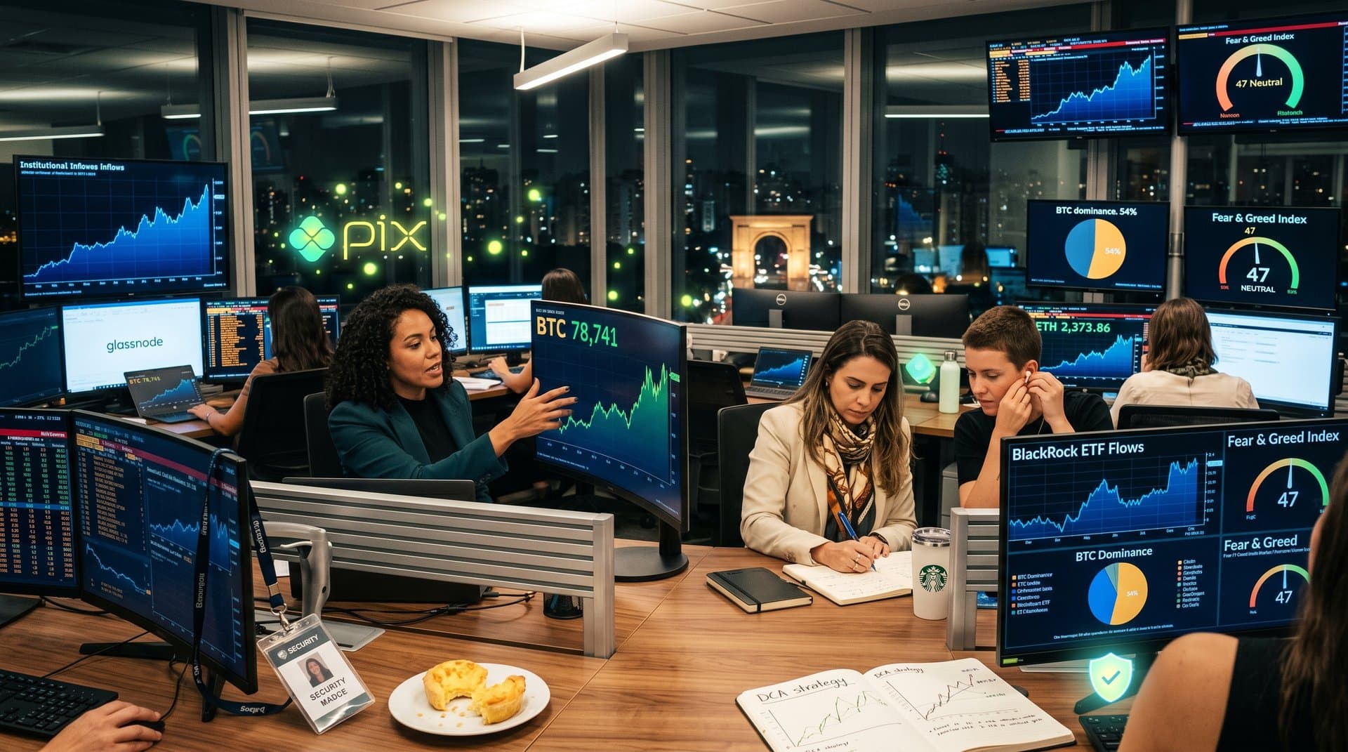 Trading room moderno com gráficos de Bitcoin US$ 78.741, Fear & Greed 47 e influxos institucionais