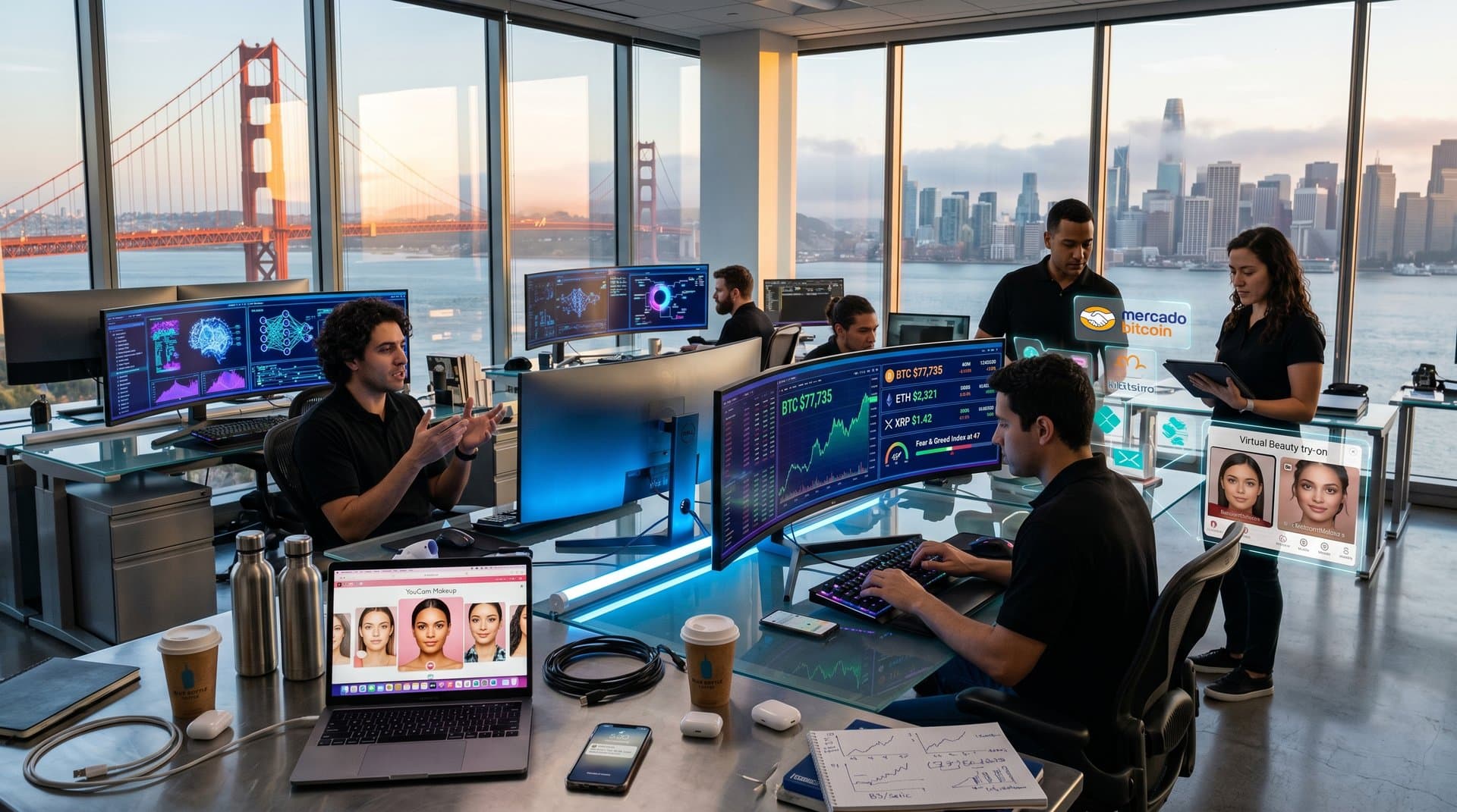 Laboratório IA San Francisco com apps beleza, crypto e skyline urbano