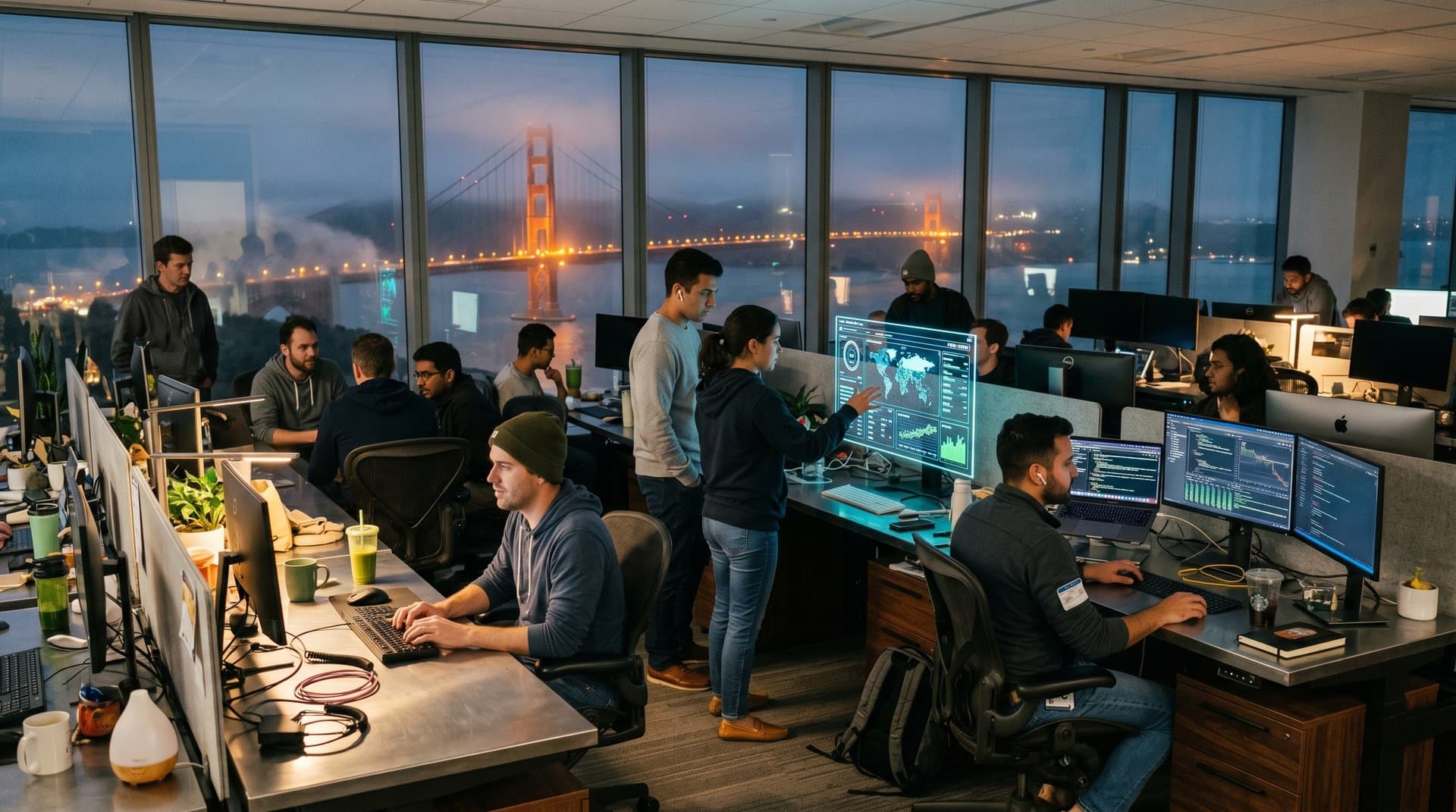 Escritório tech vazio em SF com dashboards AI, roupas timeless, smoothies wellness e skyline Bay Area enevoado à noite
