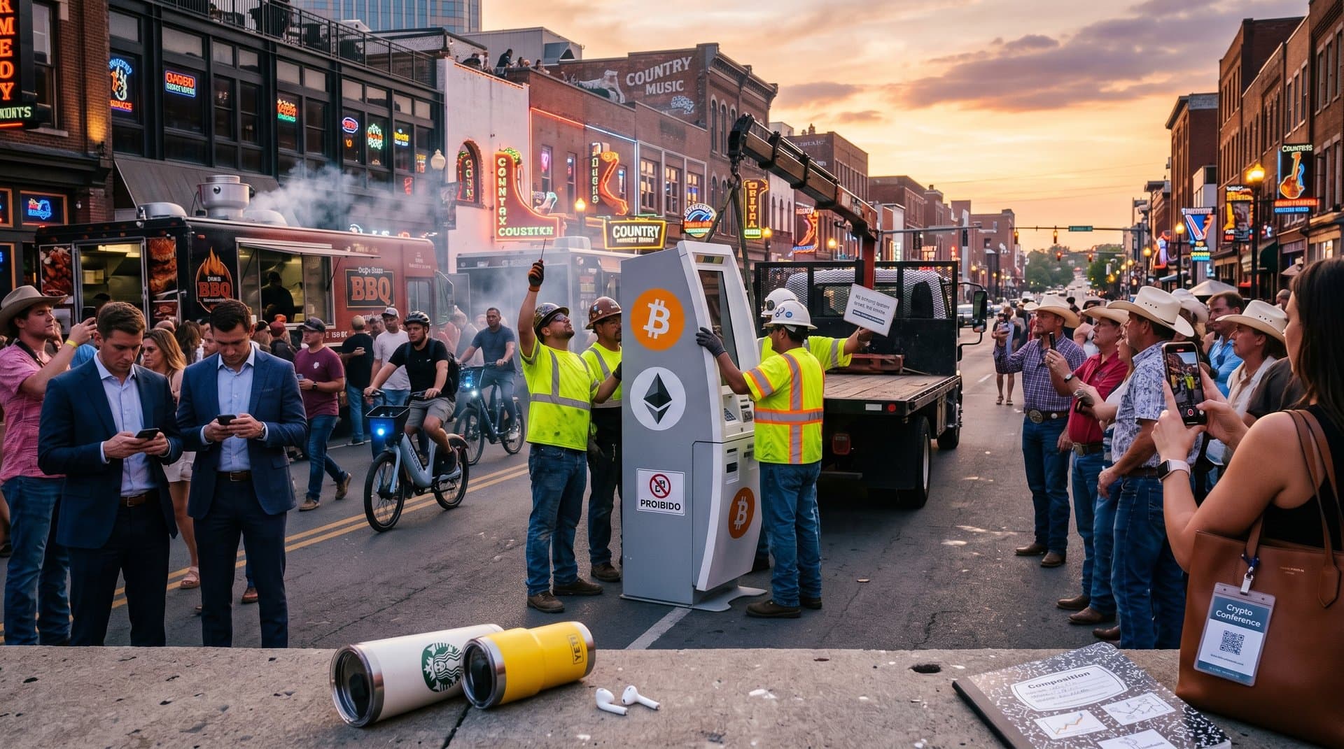 Remoção de ATM crypto em rua de Nashville com pessoas checando apps de finanças