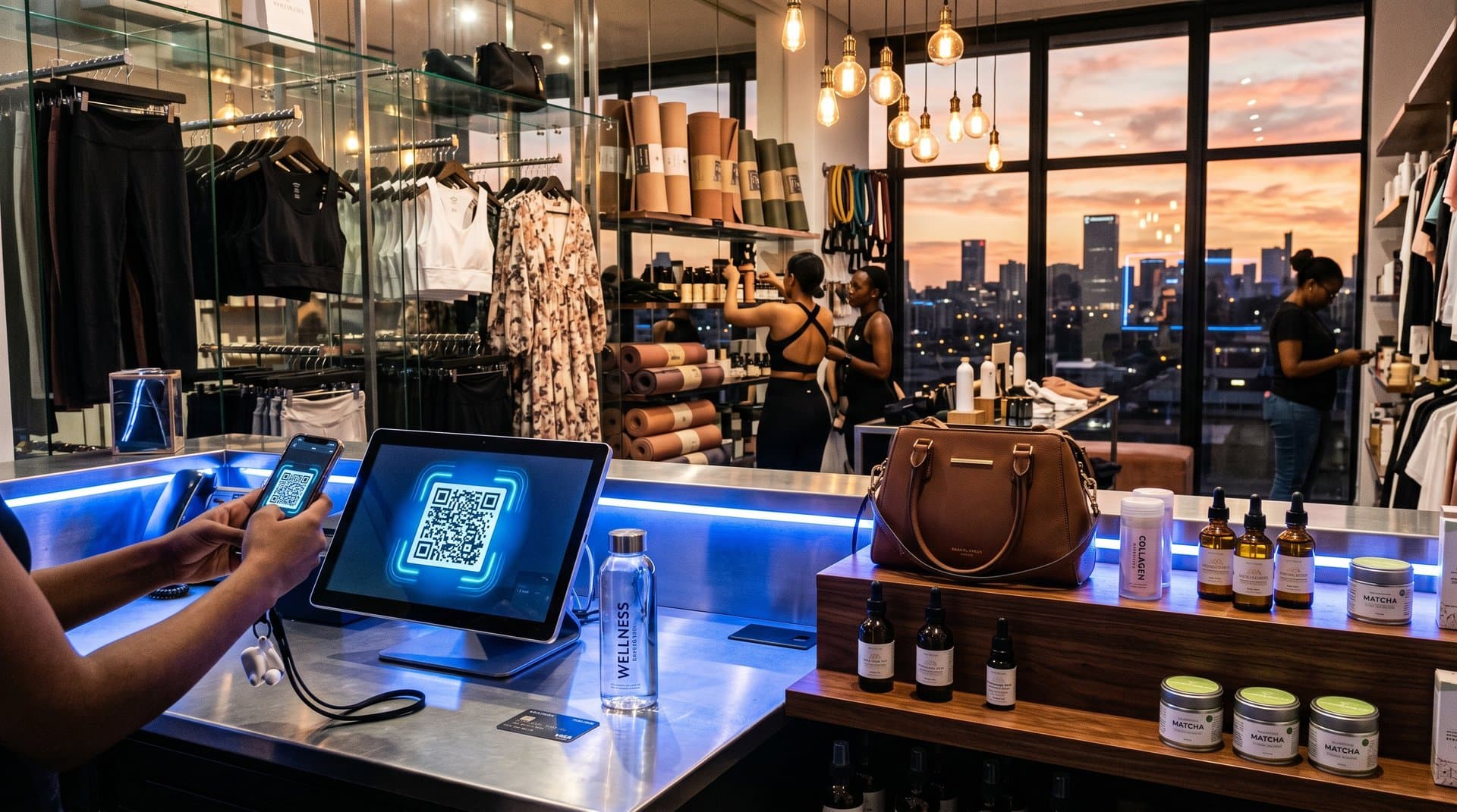 Fashionista escaneando QR em boutique premium de wellness em Sandton City, Joanesburgo, com terminais Bybit Pay e produtos de beleza