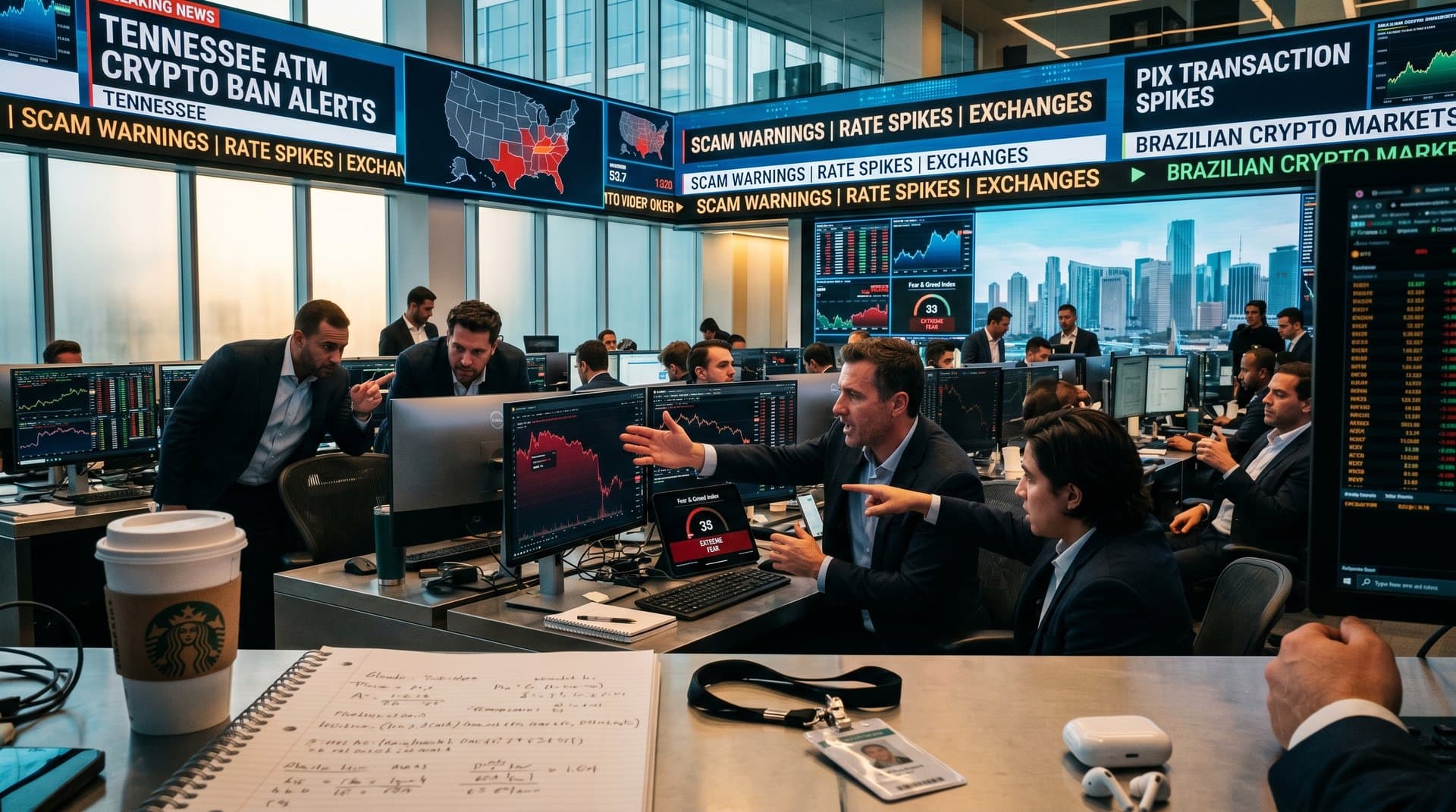 Gráficos de Bitcoin em queda, alertas de proibição ATMs cripto Tennessee e Fear & Greed 33 em trading floor moderno com elementos fintech brasileiros
