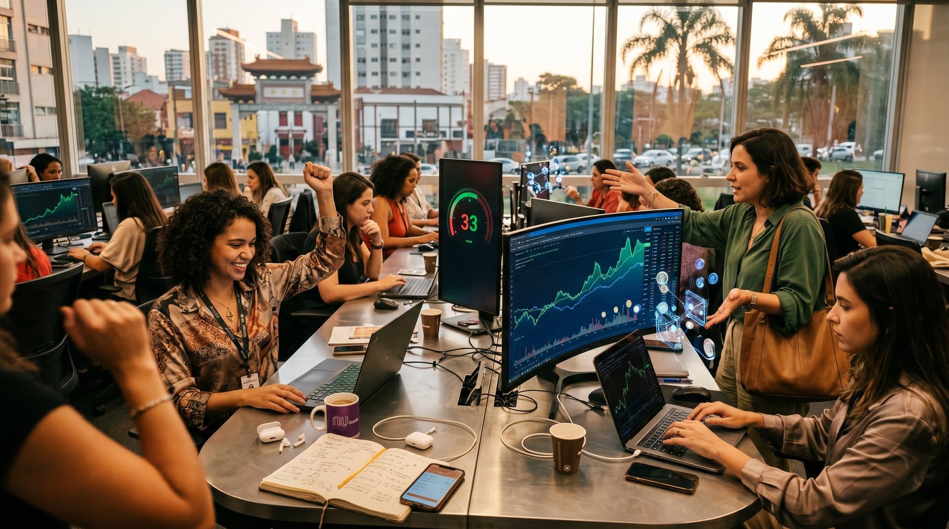 Gráficos de XRP e Cardano entrelaçados a moda feminina e elementos crypto, Fear & Greed 33 em fundo empoderador