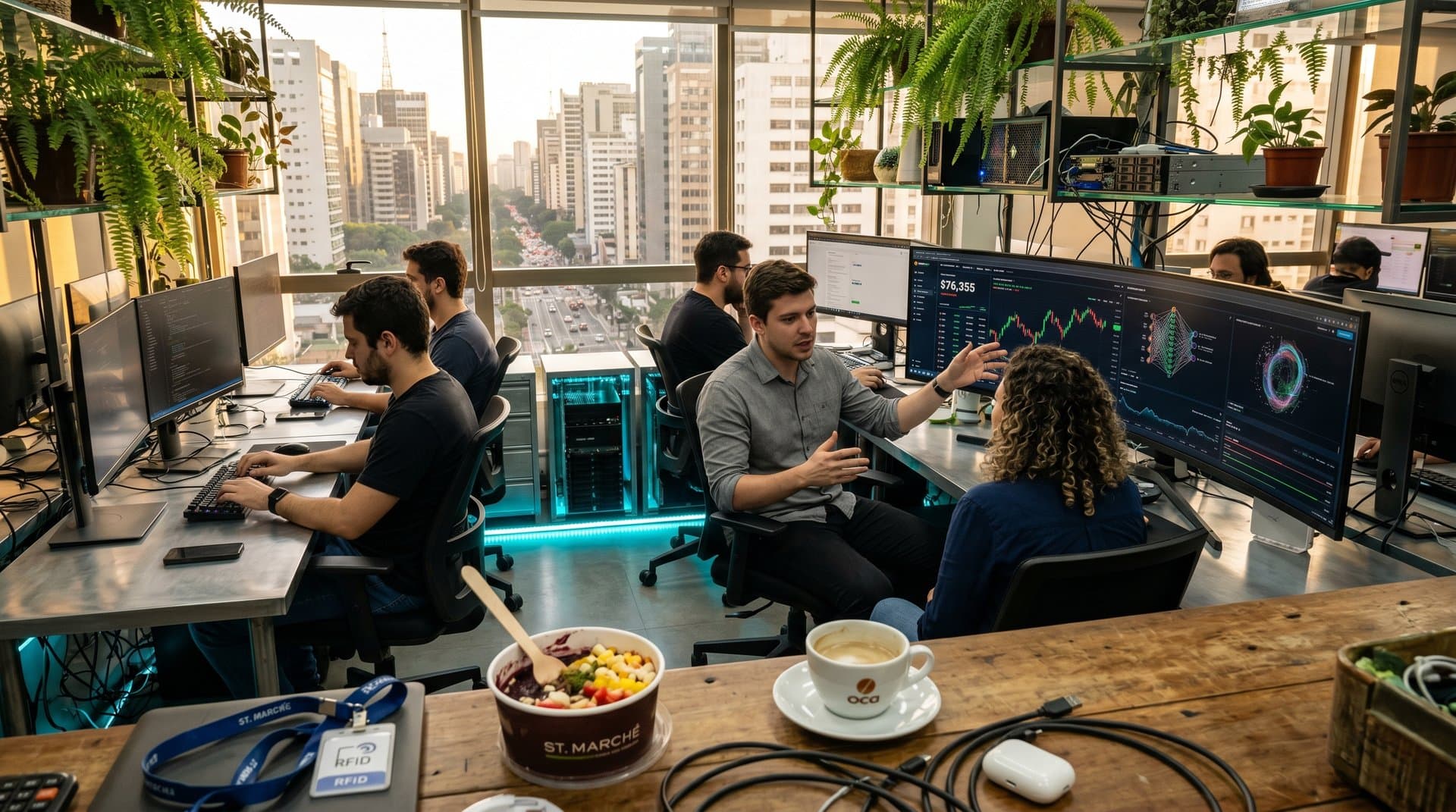Laboratório de IA em São Paulo com dashboards crypto e skyline Paulista