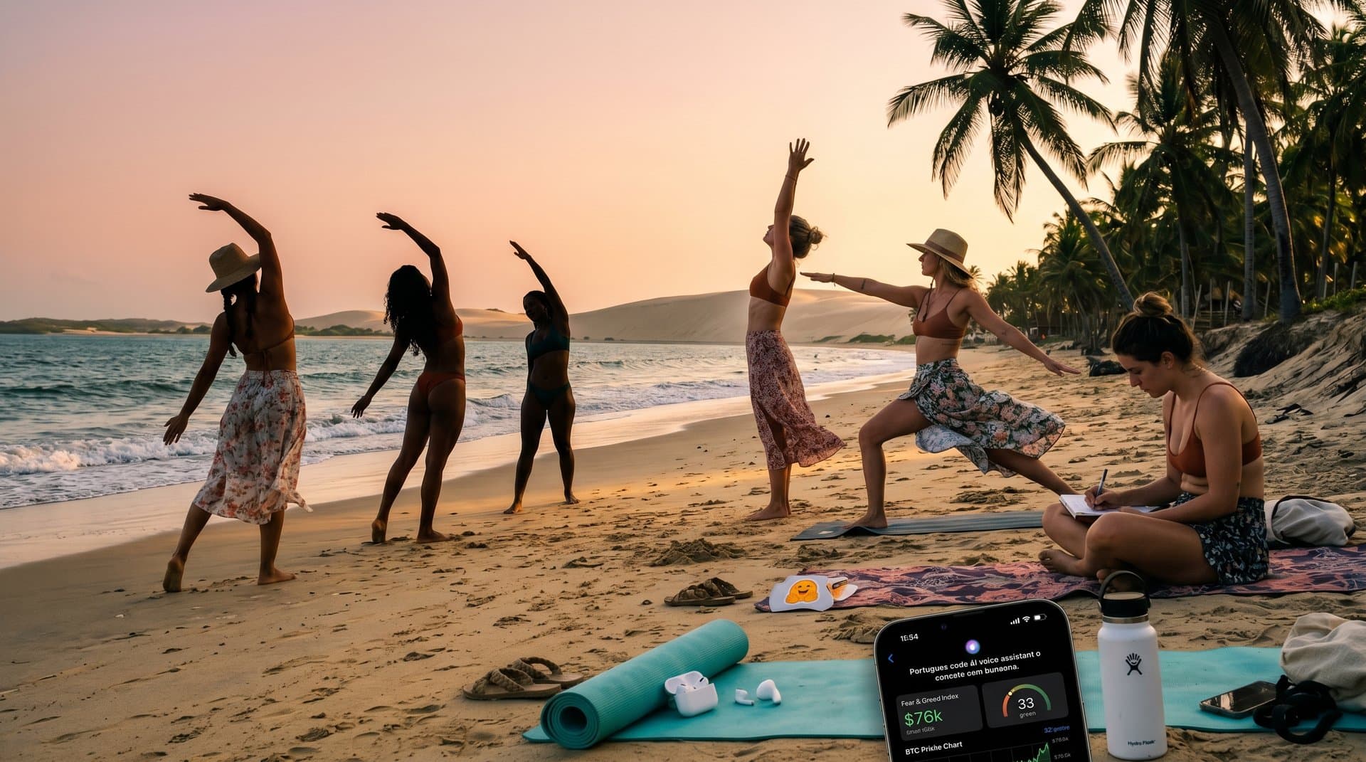 Silhueta em yoga na praia com hologramas de IA de voz e outfits futuristas
