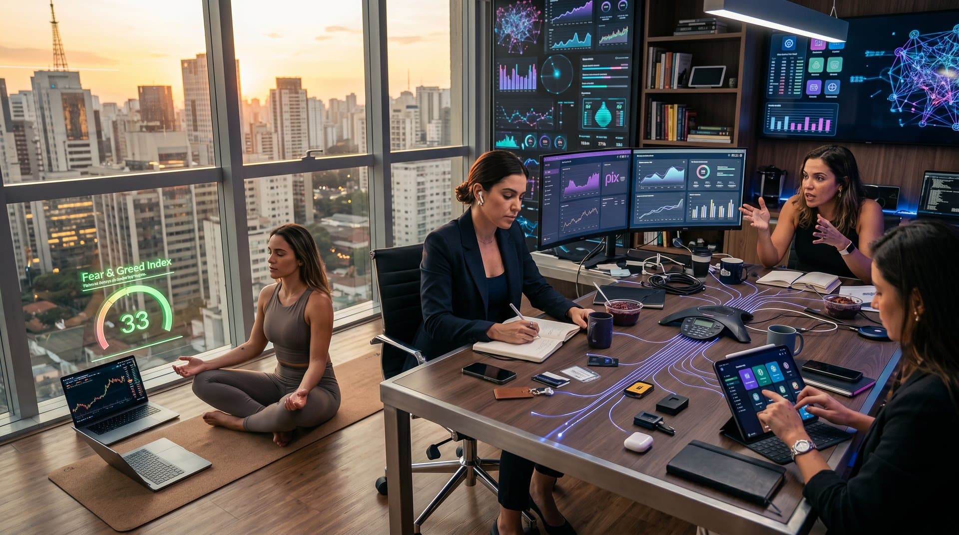 Silhuetas de mulheres líderes com IA, crypto charts e elementos de bem-estar em estilo futurista brasileiro