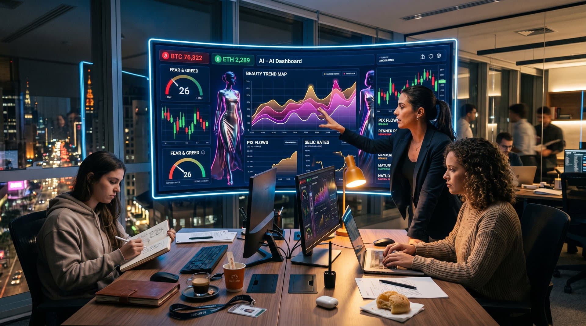 Dashboard AI de negócios para moda e beleza com gráficos crypto e tendências brasileiras