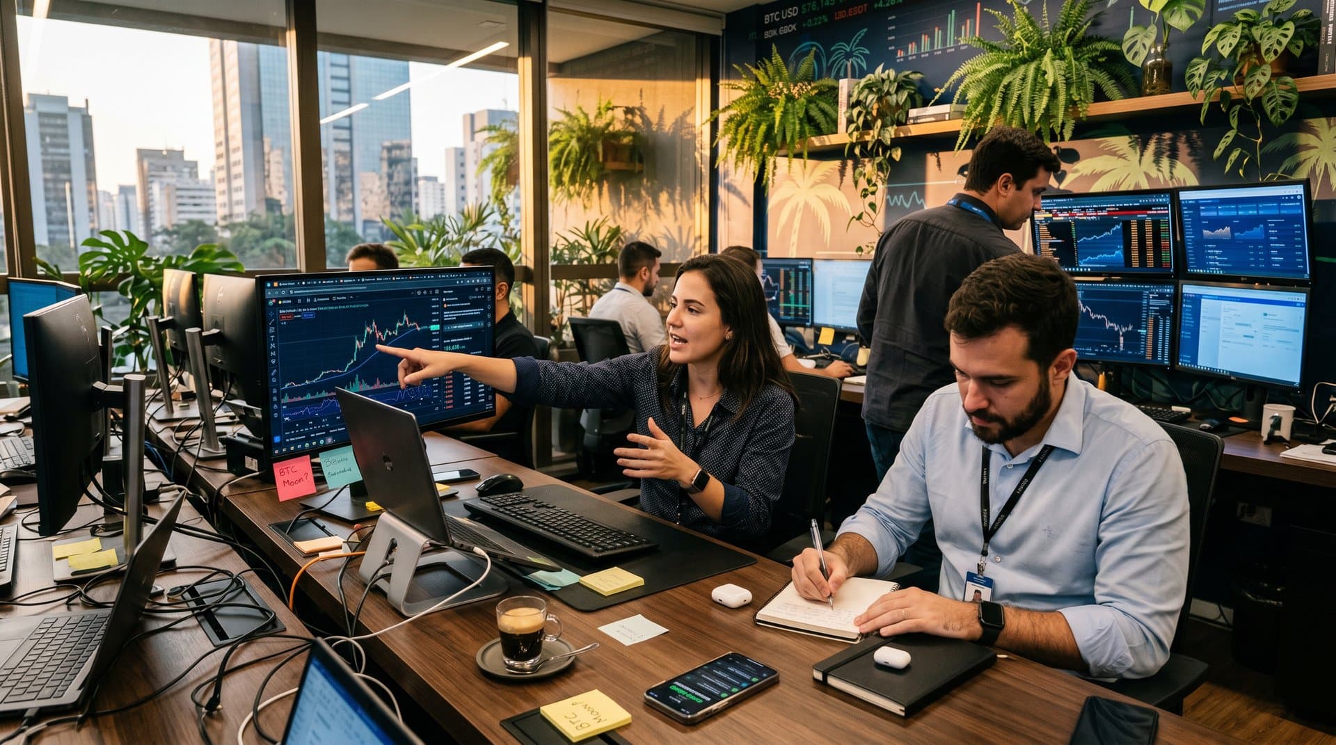 Escritório high-tech em São Paulo com dashboards IA e gráficos cripto em ambiente colaborativo brasileiro