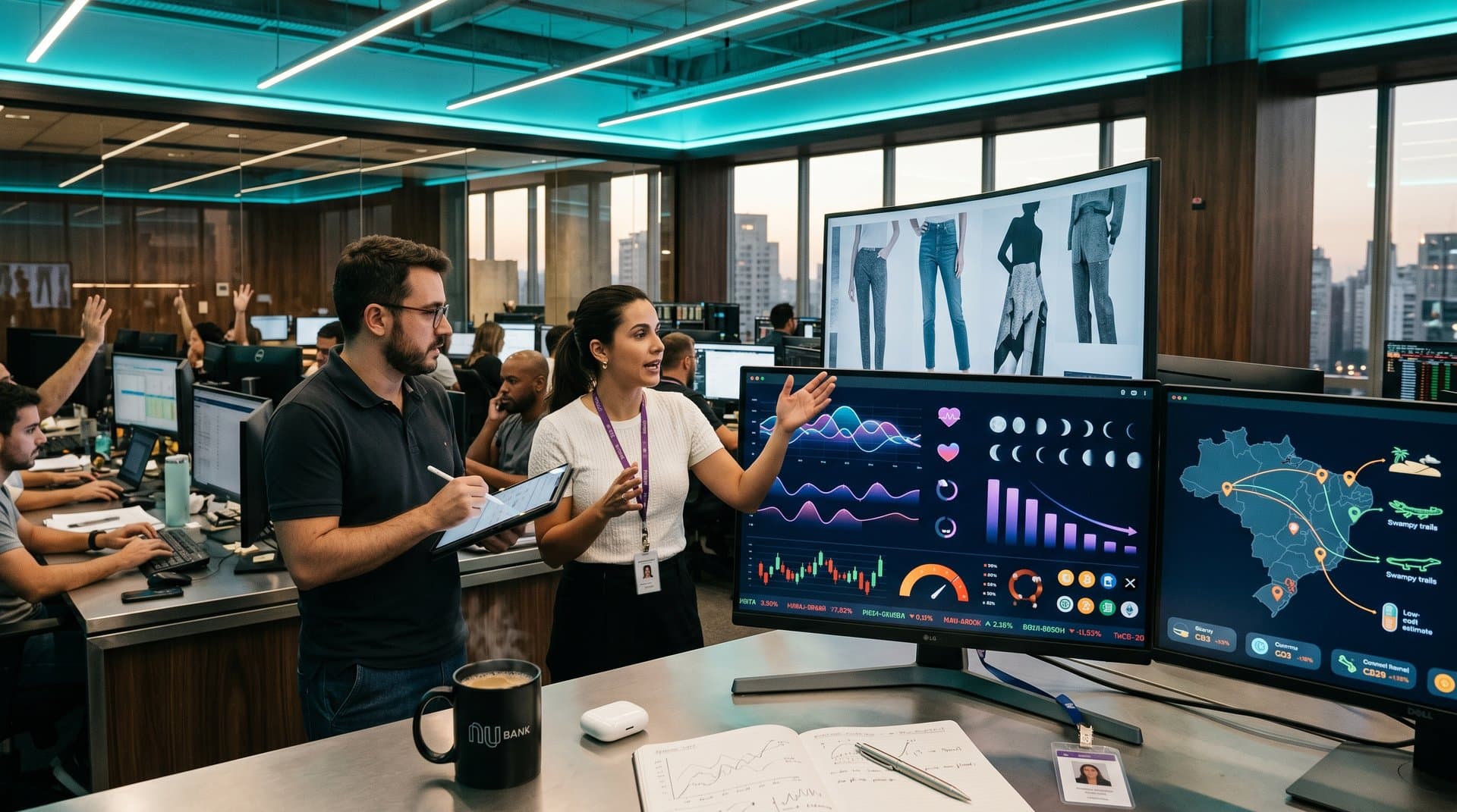 Visualizações abstratas de IA humanizada com wellness, moda, viagens e crypto em dashboard high-tech